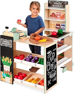 Best Choice Products Pretend Play Grocery Store Wooden Supermarket Toy Set for Kids w/Play Food, Chalkboard, Cash Register, Working Conveyor - Natural