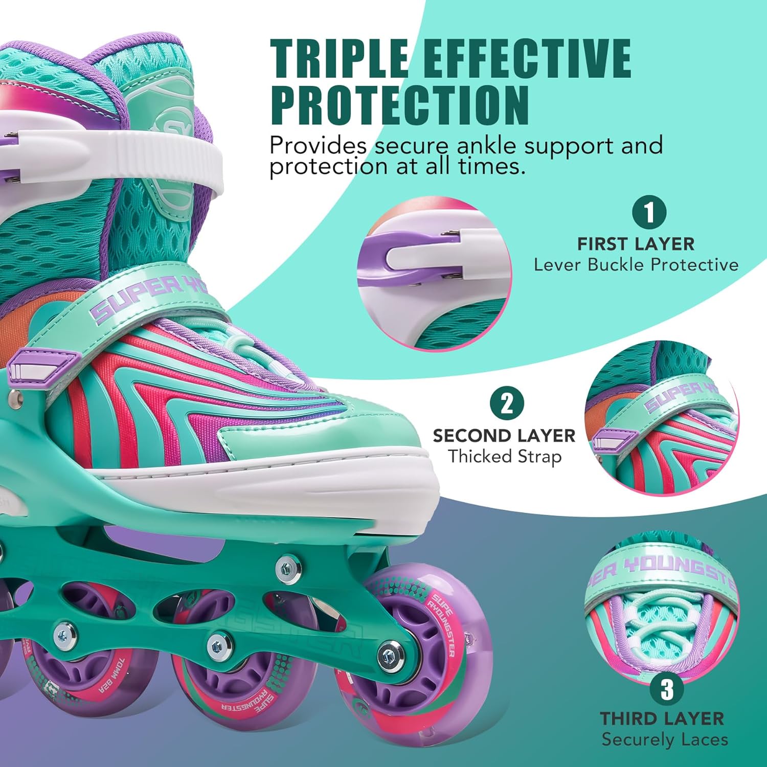 Girls Inline Skates for Boys Kids Ages 4-12, Adjustable Light Up Roller Skates for Youth Teens Ages 8-12, Beginner Blades for Women Adults - Image 3