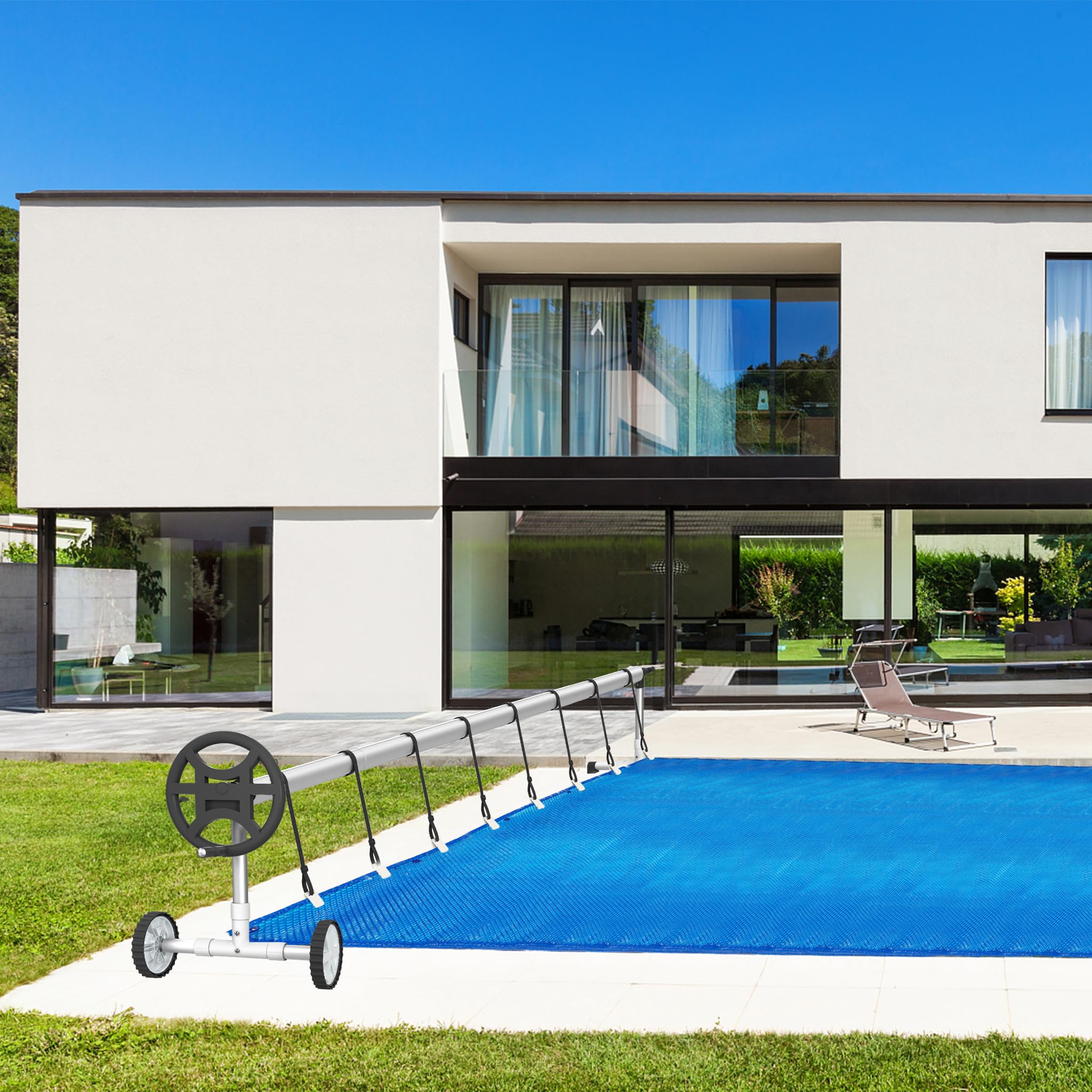 UISEBRT Pool Aufroller Mobiles Poolfolienaufroller 3m - 5,70m für Poolplane, Aufrollvorrichtung mit Befestigungsbändern & Rädern