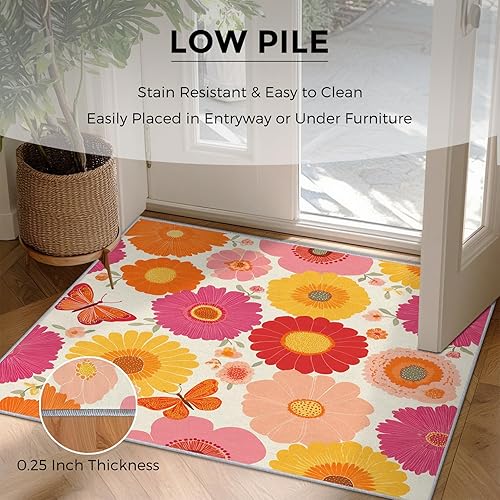 Miniatura 6 de Daisy Rugs for Bedroom Decor, 4x5 ft, Retro Floral Butterfly Area Rugs for Living Room, Soft Non Slip Washable Plant 70s Flower Carpet Home