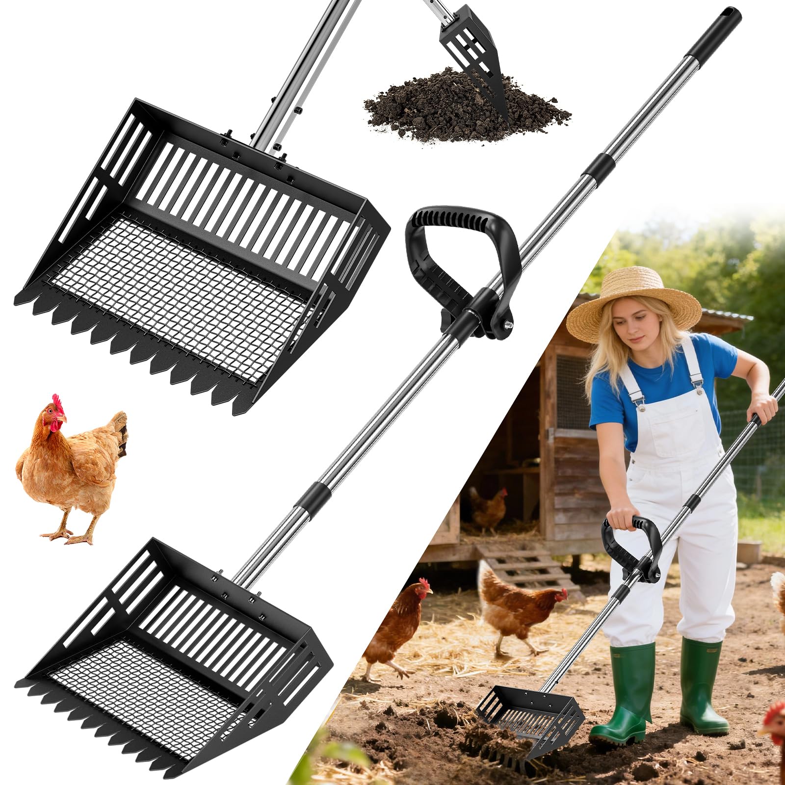 Recogedor de Excrementos de Pollo de 25 cm de Ancho, Recogedor para Gallinero 4 en 1, Recogedor Eesmontable para Cribar Excrementos, con Mango de 60-160 cm de Largo para Gallinero, Establo