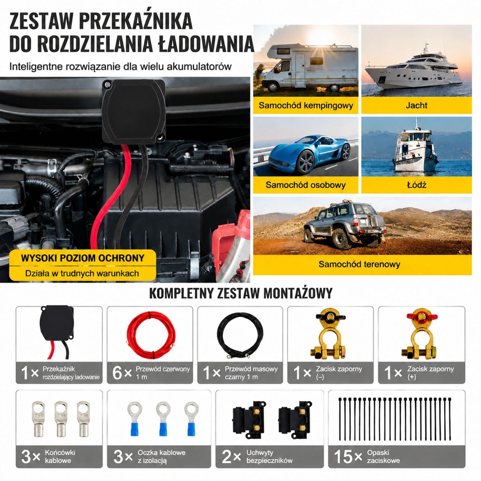 Zestaw przekaźnika rozdzielającego z przewodami, przewodem masowym i uchwytami bezpieczników do kampera, ATV, UTV i ciężarówki
