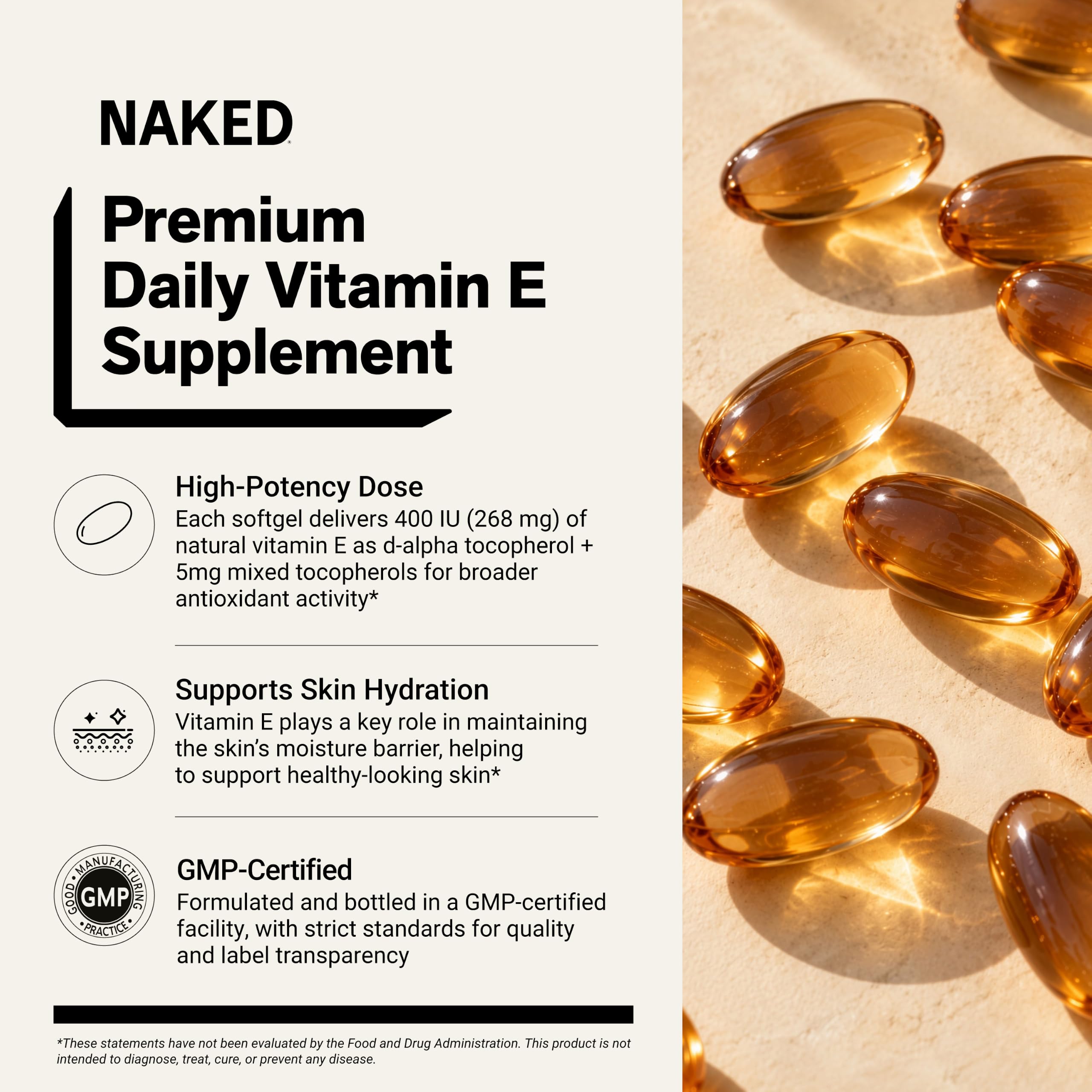 Naked Vitamin E 400 IU – Natural Vitamin E Supplement with Mixed Tocopherols for Antioxidant Support and Skin Health – 100 Softgels — Amazon image 2