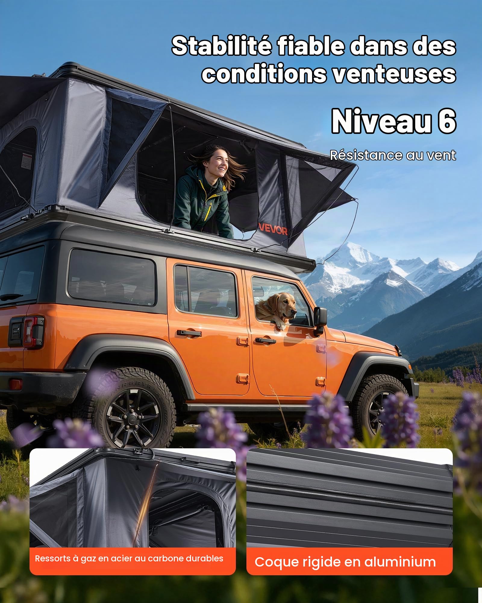 VEVOR Tente de Toit pour Voiture, Tente de Toit à Coque Rigide pour 2-3 Personnes, pour Camping Caravane SUV, en Alu, avec Éclairage LED Tricolore, Matelas Épais et 2 Fenêtres, Étanche et Coupe-Vent