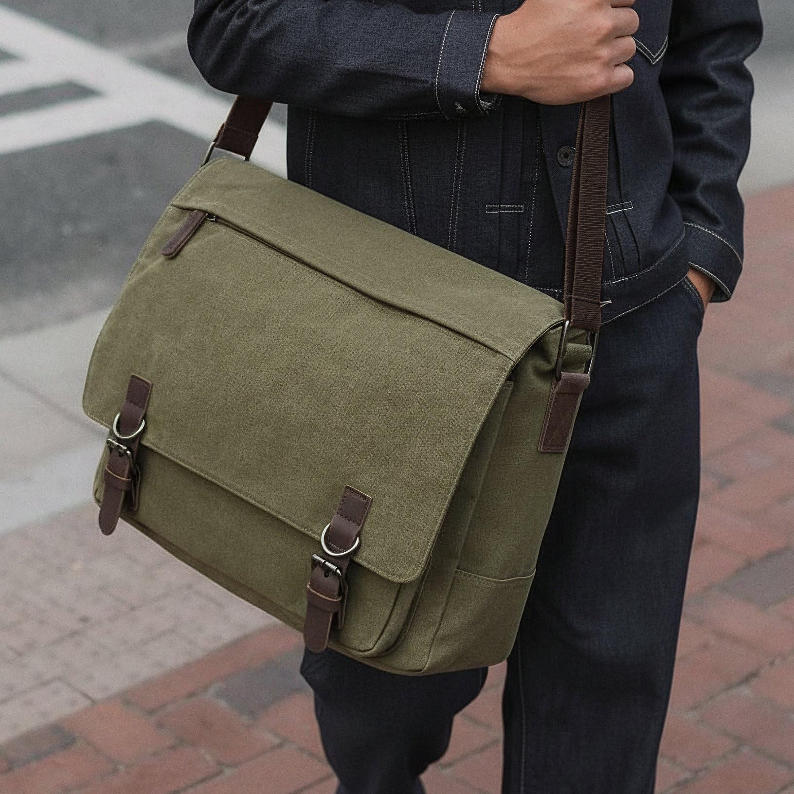 Trendhim Borsa a tracolla da uomo, in tela, leggera, con tracolla regolabile e tasche multiple, perfetta per lavoro, scuola e uso quotidiano