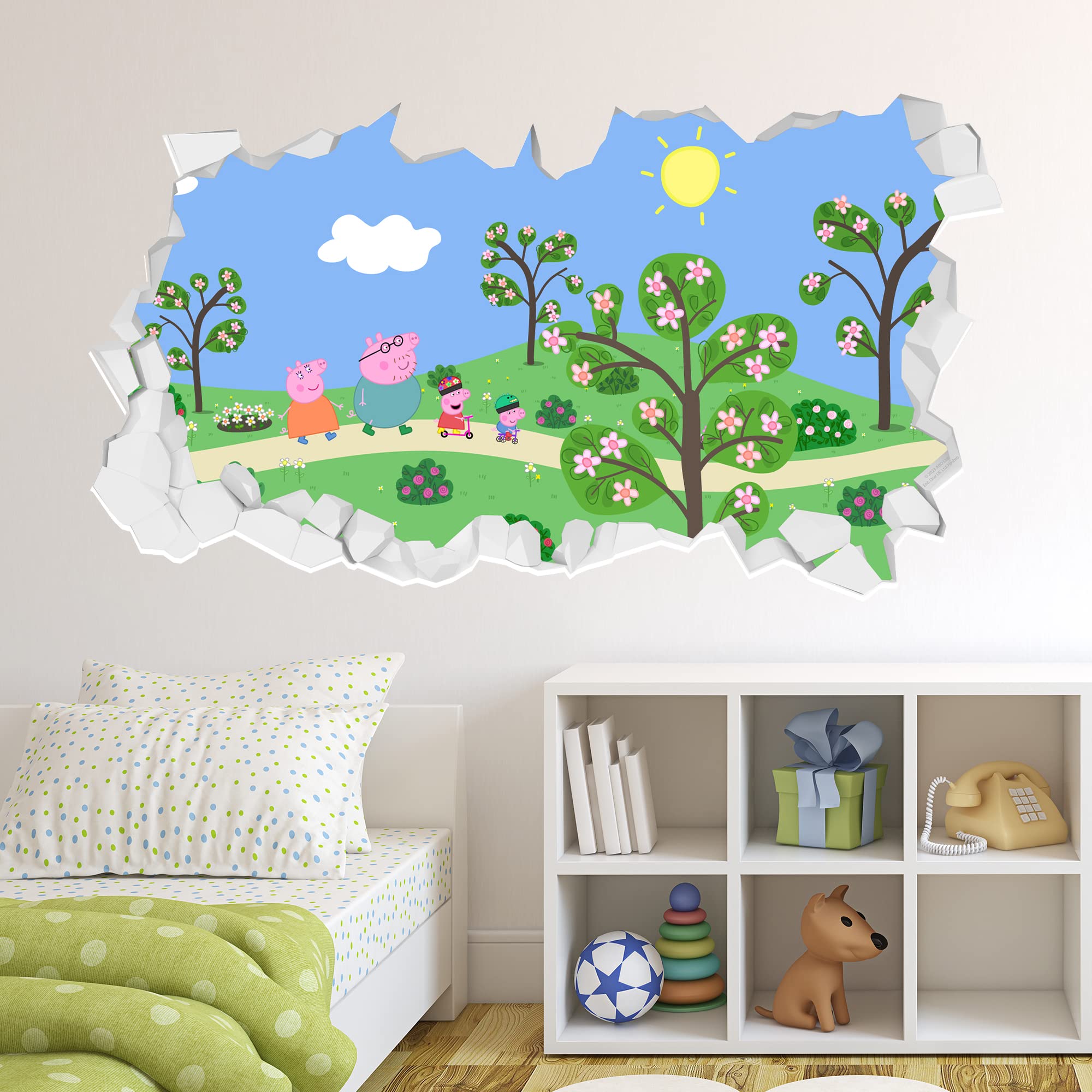 Peppa Pig Wall Sticker - Peppa and Family Park Scene Broken Wall Decal Kids Art (60cm Width x 35cm Height)
