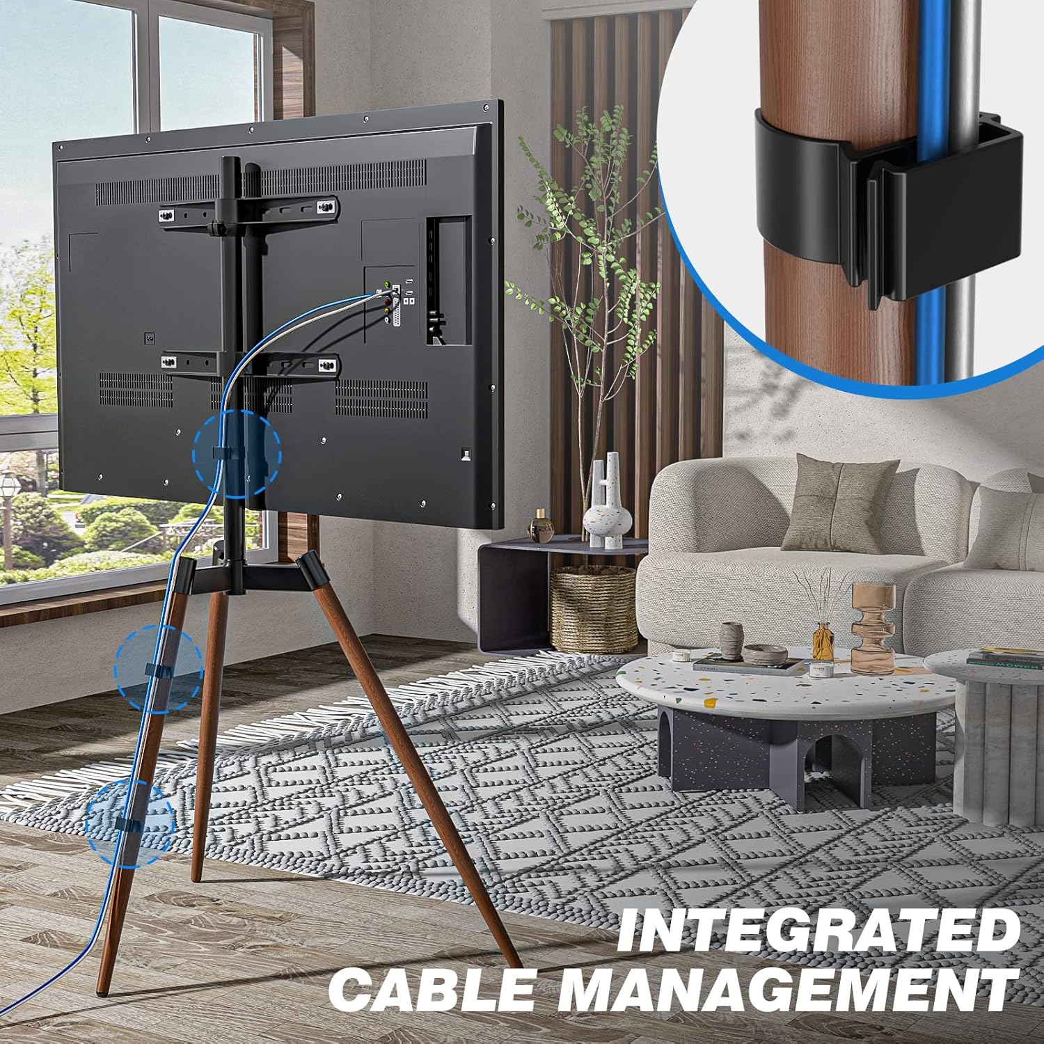 Traseira view of the TV stand showing integrated cable management clips along the central pole and legs.