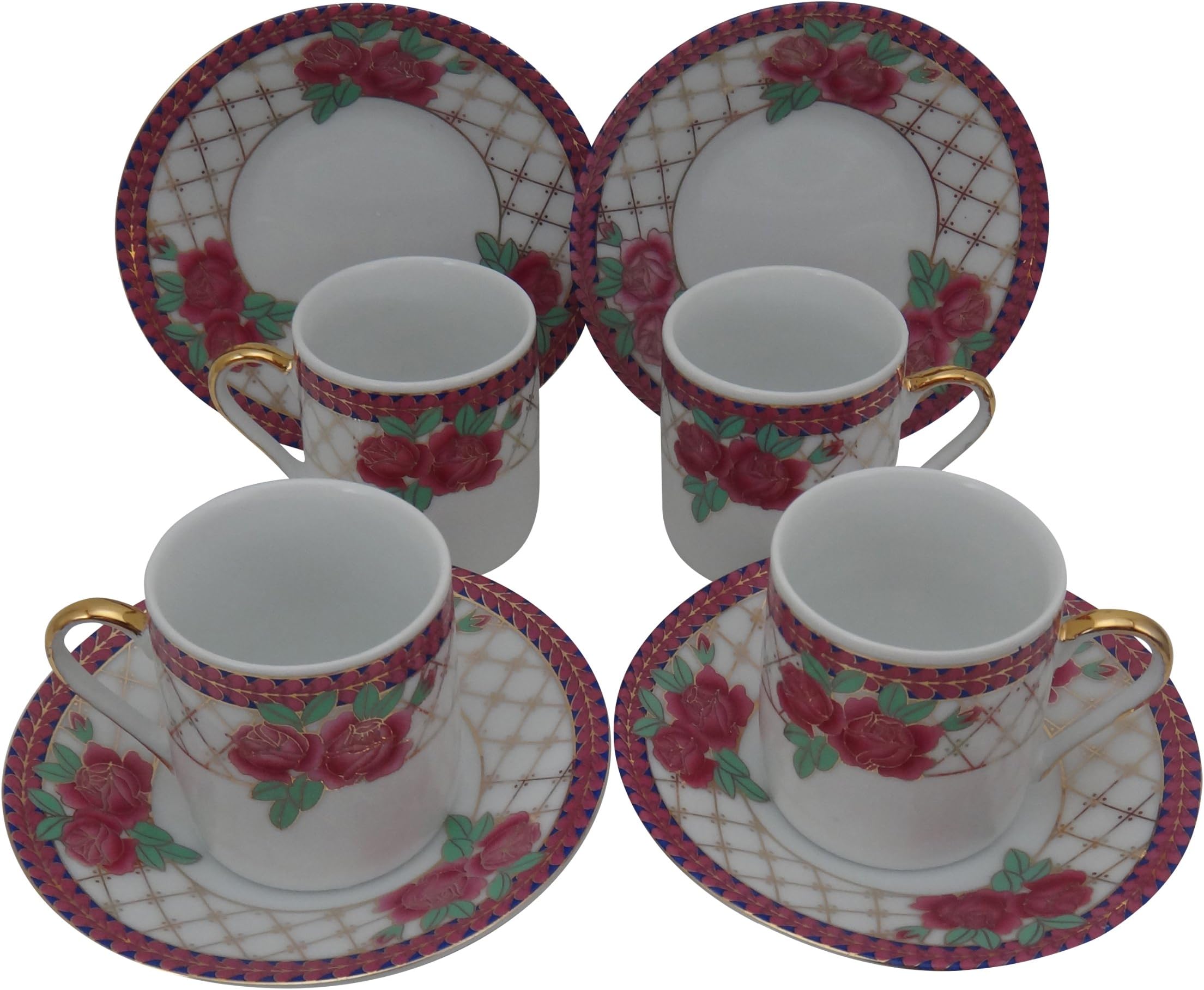 Holsted House Demitasse Cup with Saucer, Pink Rose Pattern with Gold Trim Porcelain Espresso (4)
