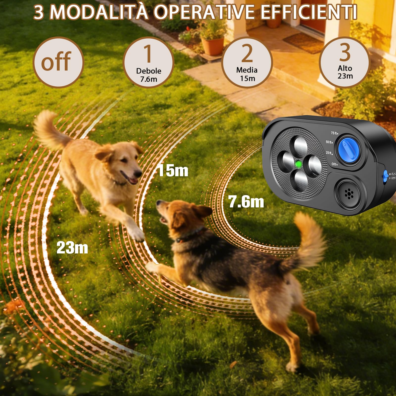 Dispositivo Anti-Abbaio, Deterrente Ultrasuoni per Abbaiare Cane 3 Aodalità, 23 m Stop Abbaiare Cane, Tappo Corteccia Sonico Interni Esterni, Dispositivi Anti Abbaio, IP65 Ricaricabile