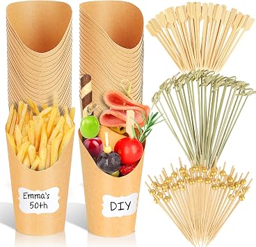 500PCS Charcuterie Cups with Sticks, Charcuterie Boards Accessories - Disposable Brown Paper French Fry Holder - 12 oz Appetizer Cup with Cocktail Toothpicks Skewers 80 Cups+320 Picks+100 Labels