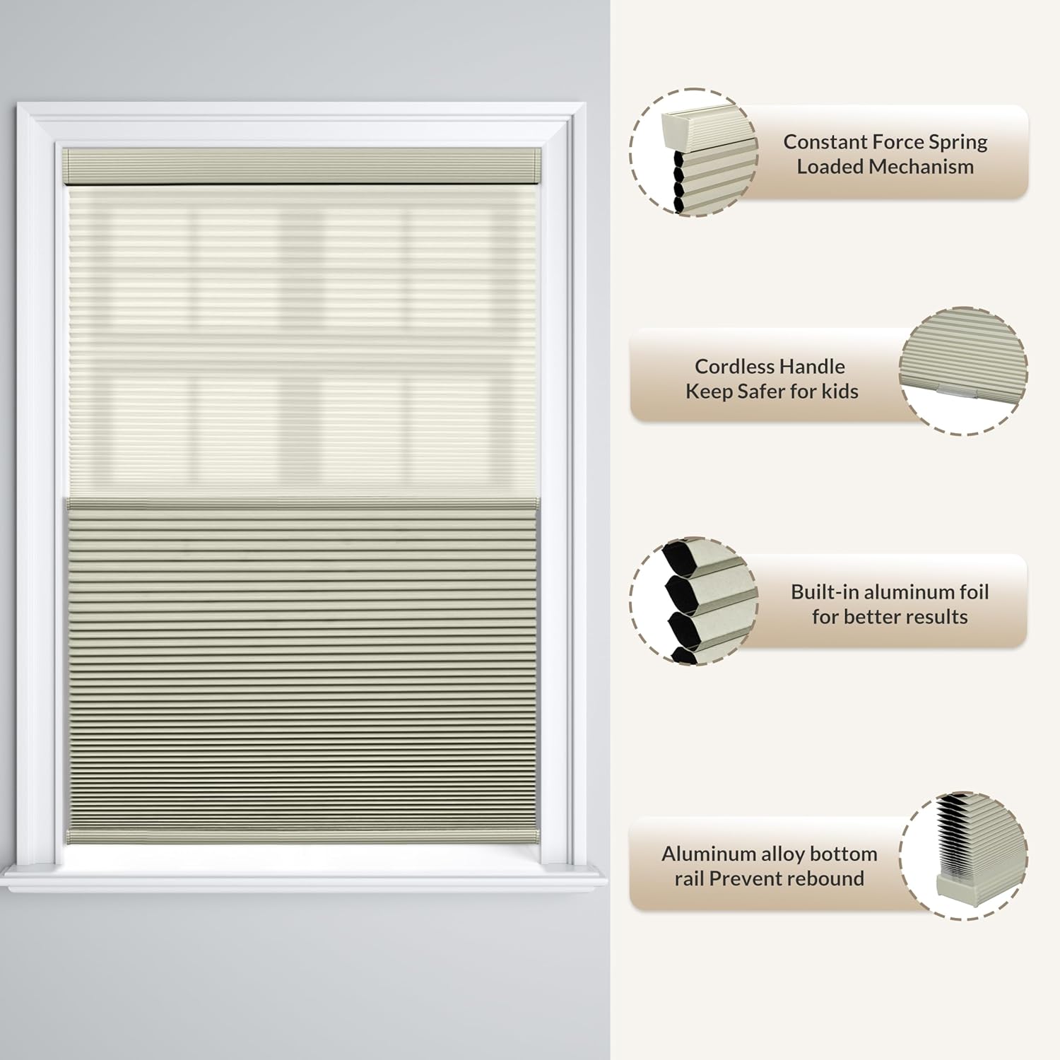 Boolegon Day Night Cellular Shades Cordless Blackout/Light Filtering 2 Shades in 1 Honeycomb Blinds Top Down Bottom Up Custom Cut to Size Cellular Blinds for Windows, Custom Size, Beige