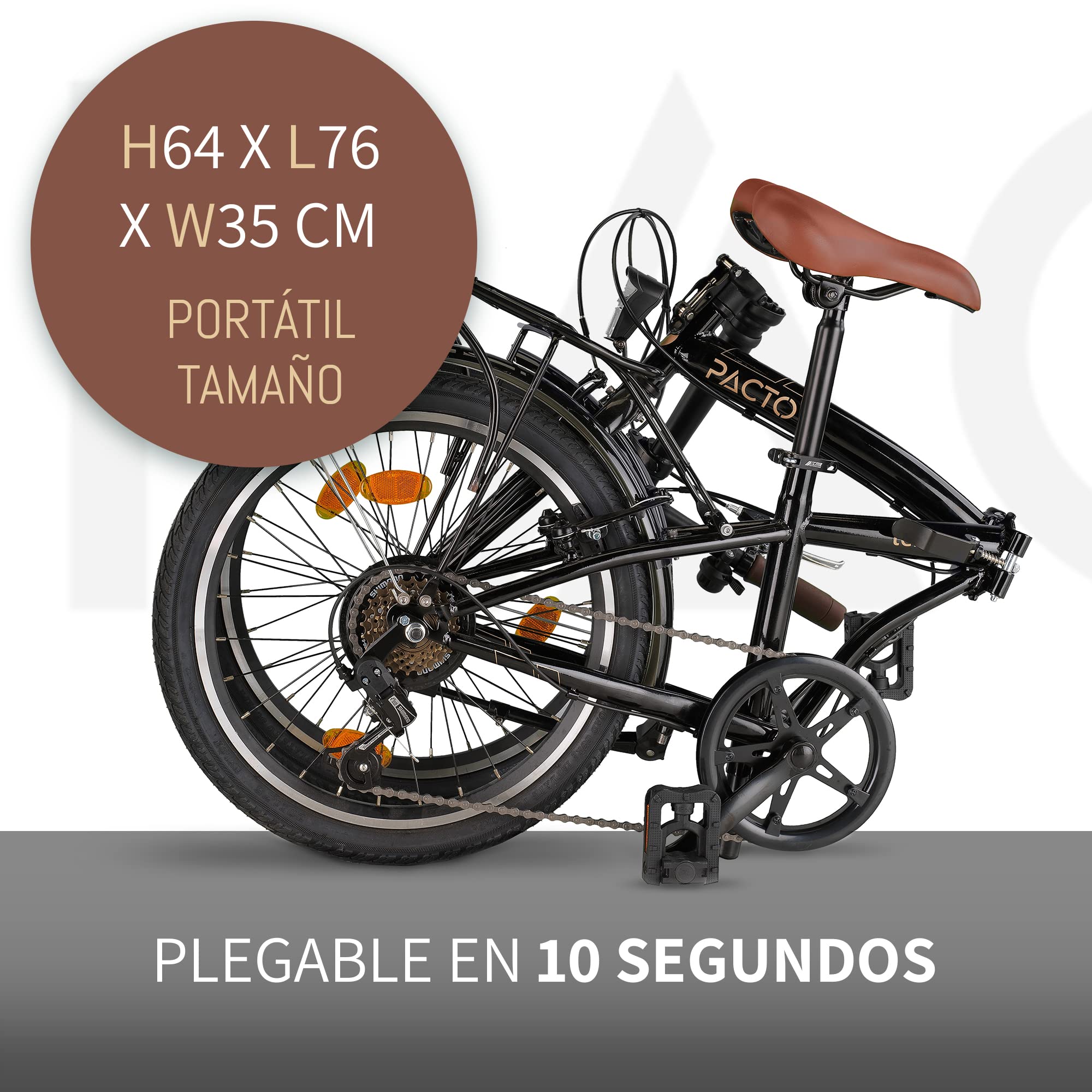 PACTO Ten Bicicleta plegable de 20 pulgadas con sistema de plegado rápido (10 segundos), marco de acero, peso ligero (16 kg), Shimano de 6 velocidades, frenos en V y llantas de aluminio de doble pared