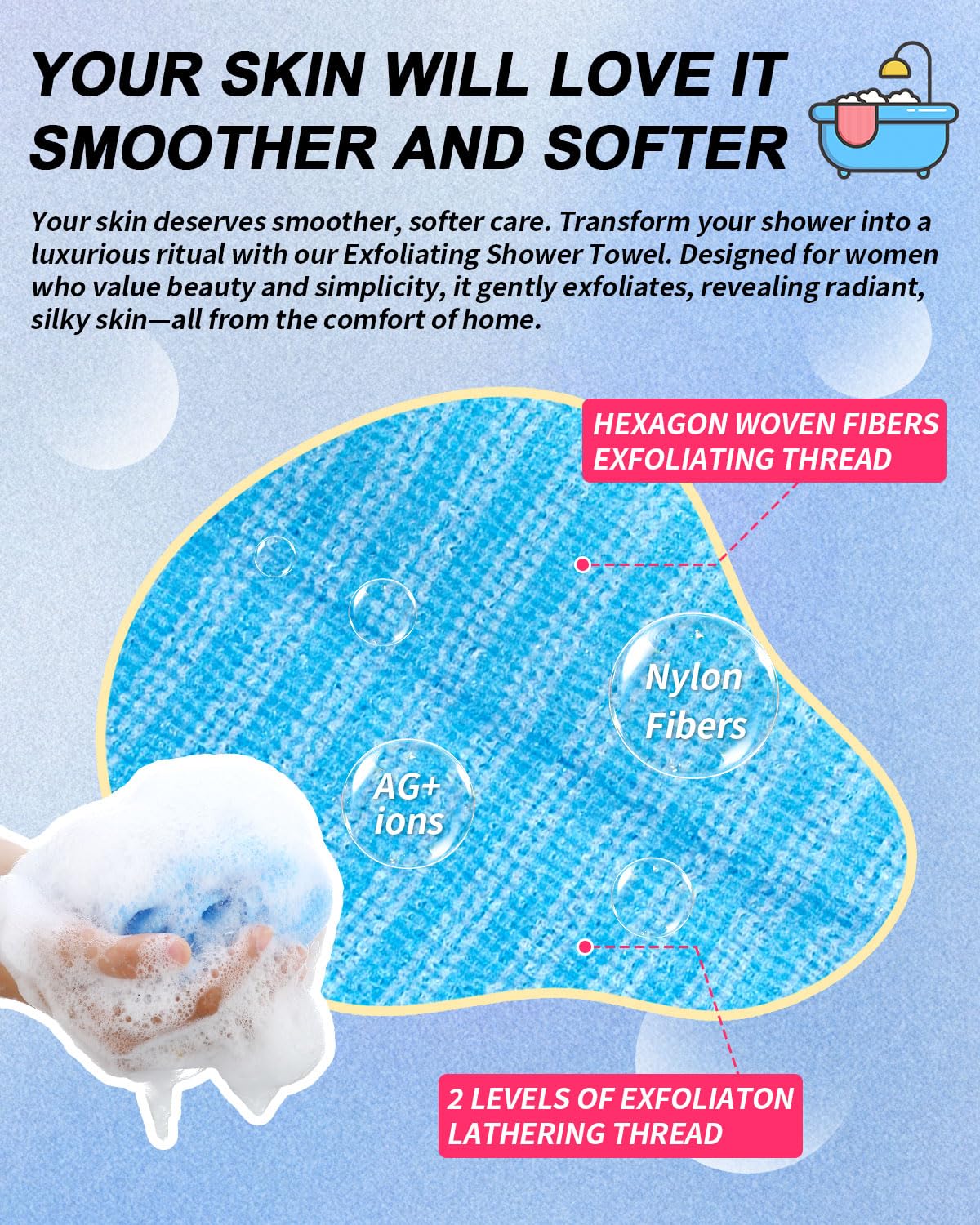 Rückenpeeling für Dusche und abgestorbene Haut, Peeling-Körperschrubber für glatte Haut, japanischer Waschlappen für Dusche und Bad, vielseitiges Körperpeeling-Handtuch, 3 Stück