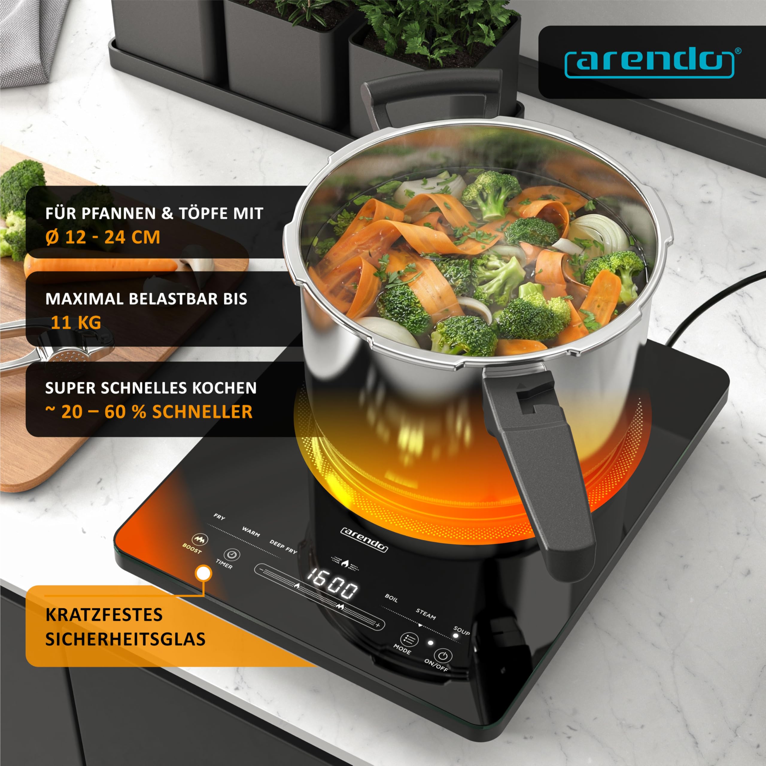 Arendo - Kochplatte Induktion 2200 Watt - Induktionskochplatte - 9 Leistungsstufen - 120-2200 W - mobil - 1 Induktionskochfeld - Sensor Touch Bedienfeld - Timer - Überhitzungsschutz