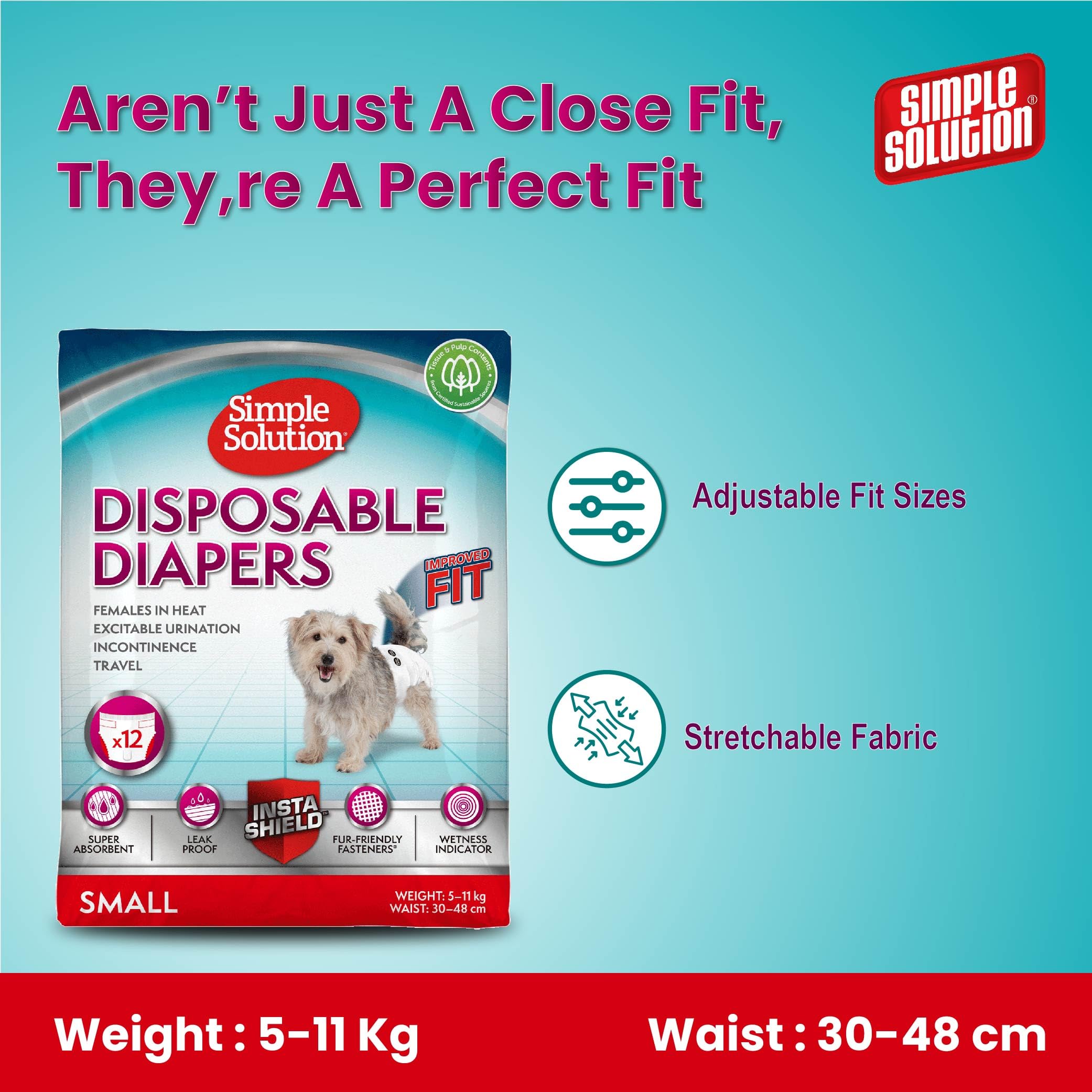 Simple Solution Nuovi ‘True Fit’ Pannolini Monuso per Cani Femmina con Idicatore di Bagnato Piccolo – 12 pezzi