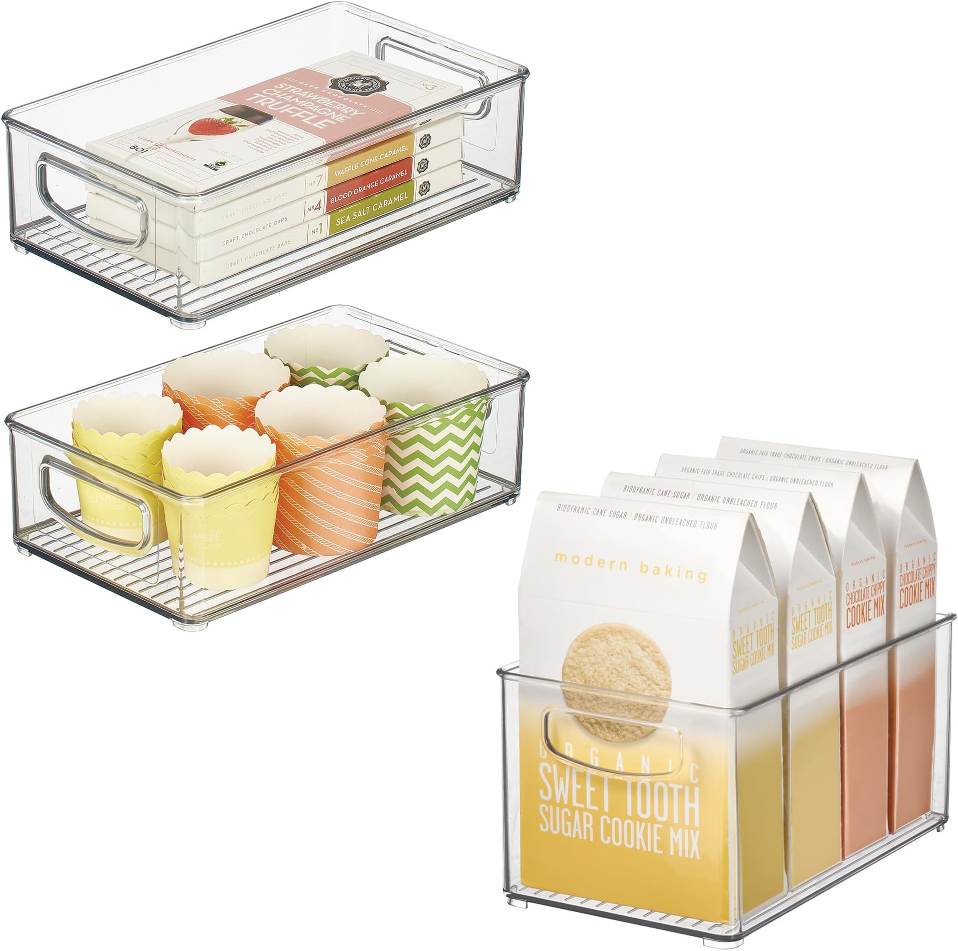 Stackable Pantry Bins with Handles, 2 Small Bins and 1 Medium Bin, 3 Pack, Clear, Made in USA