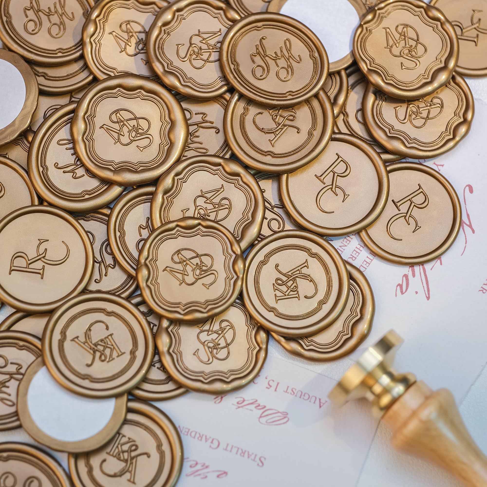Custom Wax Seal Stickers – Personalised Self-Adhesive Seals with Free Combination of Initials, Font & Frame – Gold & Multicoloured, No Melting | for Weddings, Invitations & Gifts