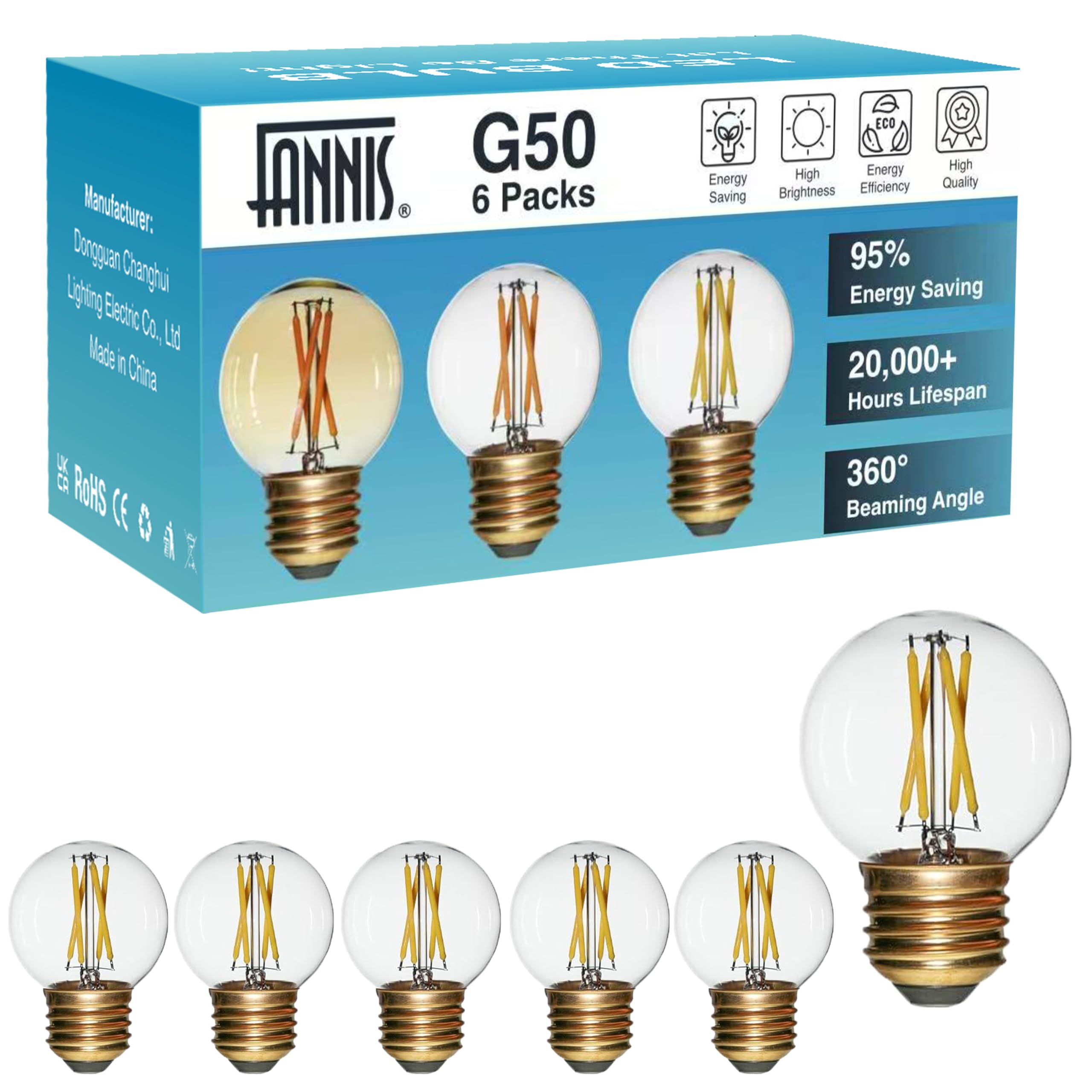 FANNIS 6Pack G50 Globe Light Bulbs, 20Watt Equivalent, E26 Base