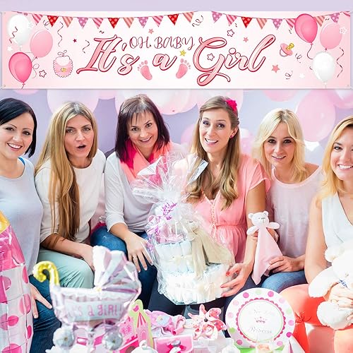 Miniatura 2 de Cartel con texto en inglés "It's a Girl", decoración de baby shower, horizontal de tela rosa, grande, de tela grande, con texto en inglés "It is a