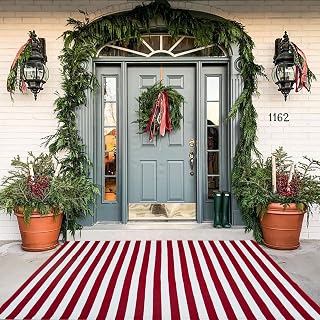 Red & White Christmas Stripe Rug, 4' x 6' Indoor/Outdoor Area Rug, Hello/Welcome Door Mat Layering Rug, Machine Washable Cotton Woven Rugs for Farmhouse Front Porch, Entryway