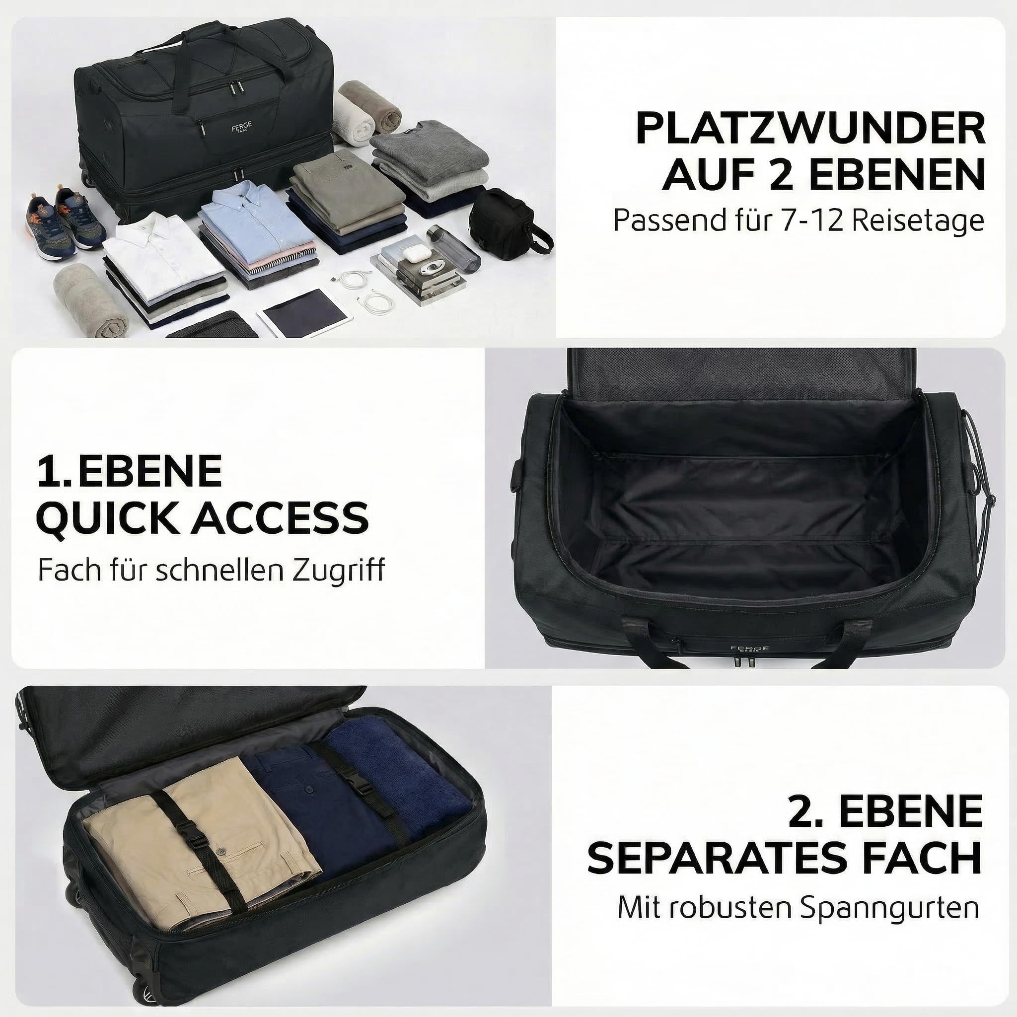 FERGÉ XL große Reisetasche mit Rollen erweiterbar und Schuhfach - Trolley mit Spanngurten Weichgepäck Reisetasche Weekender Paris