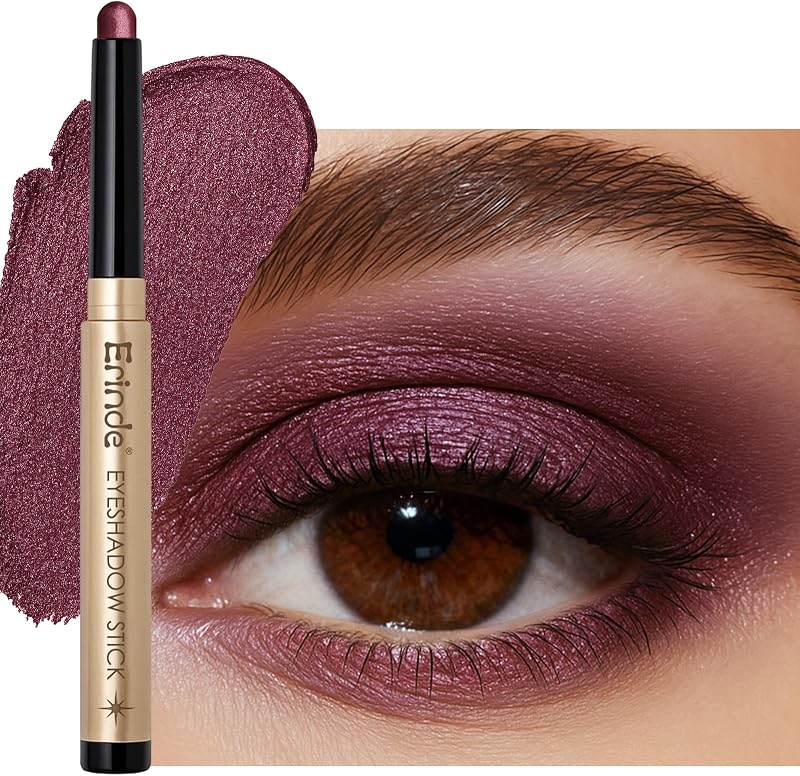 Erinde Waterproof Shimmer Eyeshadow Stick, Plum Brown Mauve Cream Eye Shadow Stick, Long-Lasting Crease-Proof Cream to Powder Buildable & Blendable Eye Shadow Pencils Crayon, Vegan & Cruelty-Free, B06