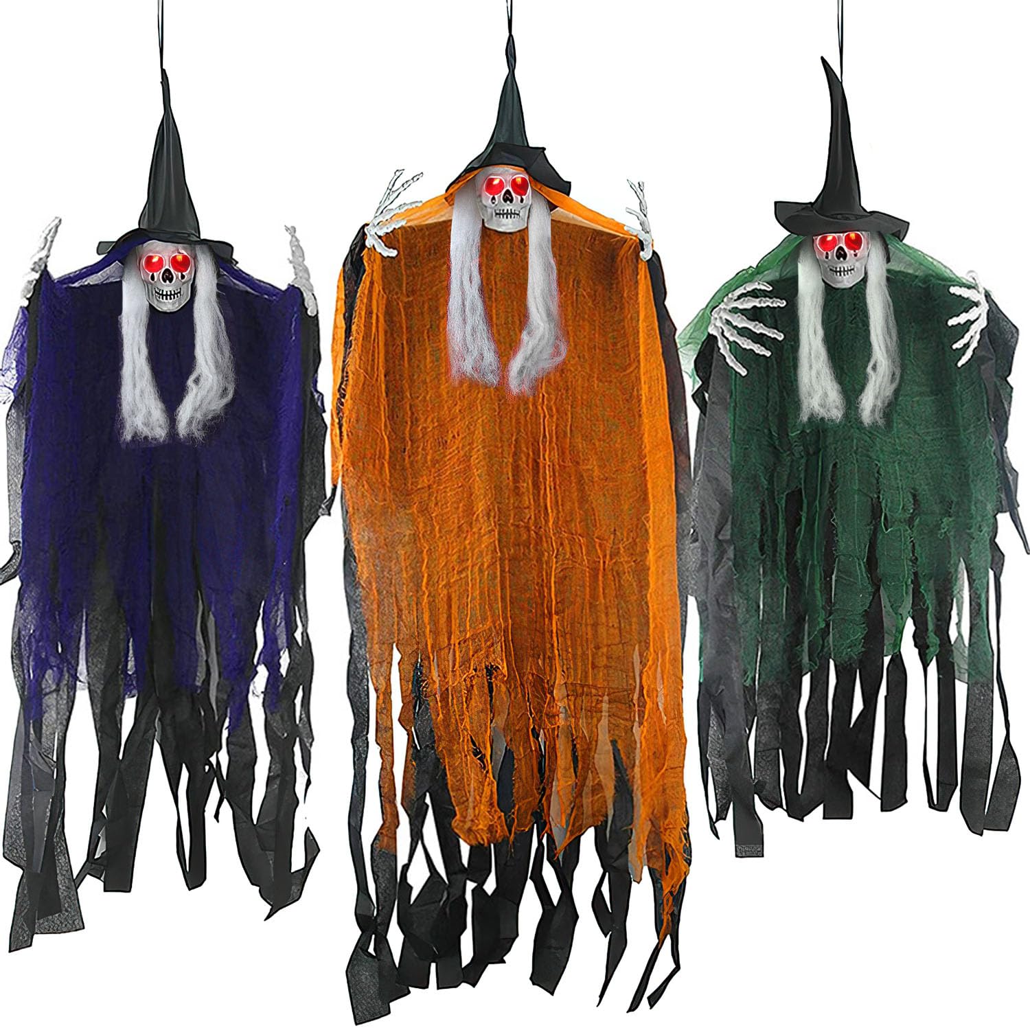 3 Pack Outdoor Halloween Decorations, Hanging Halloween Skeleton Ghosts Decorations with Glowing Eyes, Grim Reapers Halloween Decor for Halloween Outdoor Decorations for Porch Yard Garden Tree