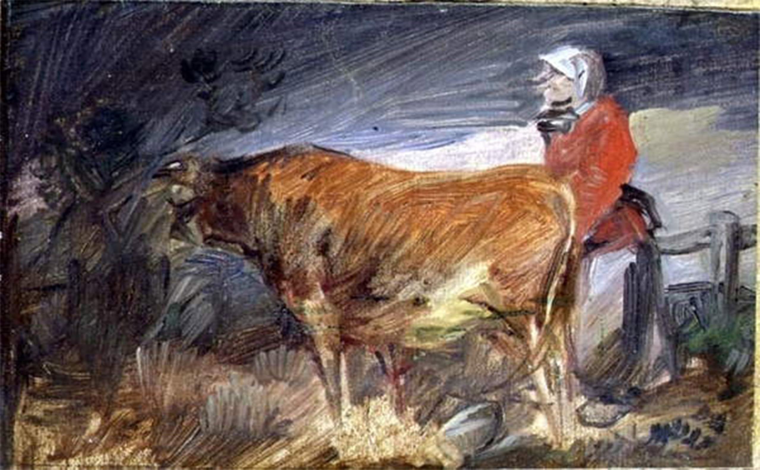 POSTERIIk Vintage Art Print Images Pictures Print Woman and a Cow in a Landscape by Wilhelm Busch Modern Colour Posters for Office Home Decor 60x90cm
