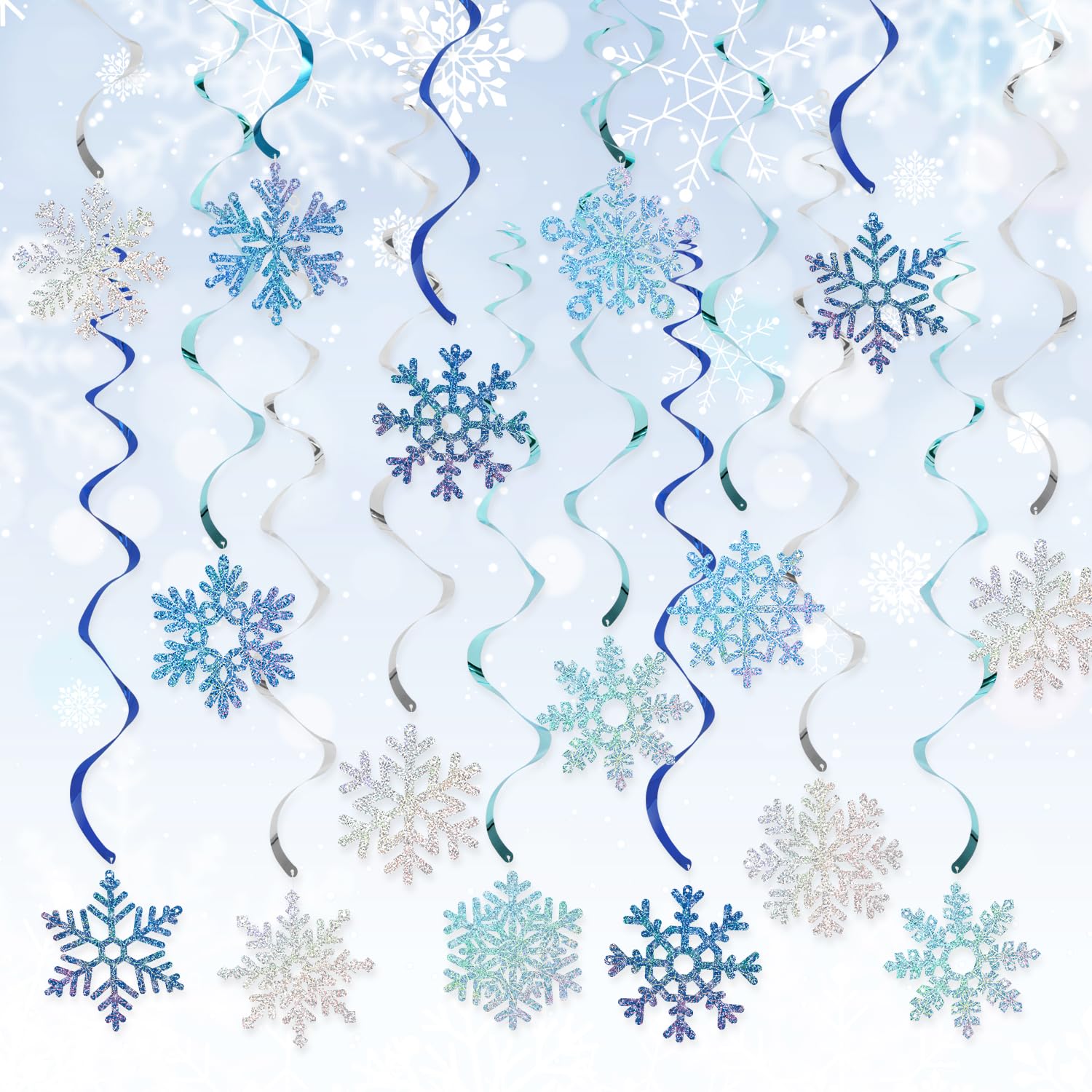 24Pcs Frozen Colorful Snowflake Hanging Swirl Decorations, Winter Ceiling Streamers Iridescent Snowflakes Ornament for Wonderland Party Decorations, New Year Birthday Christmas Party Decor (Blue)