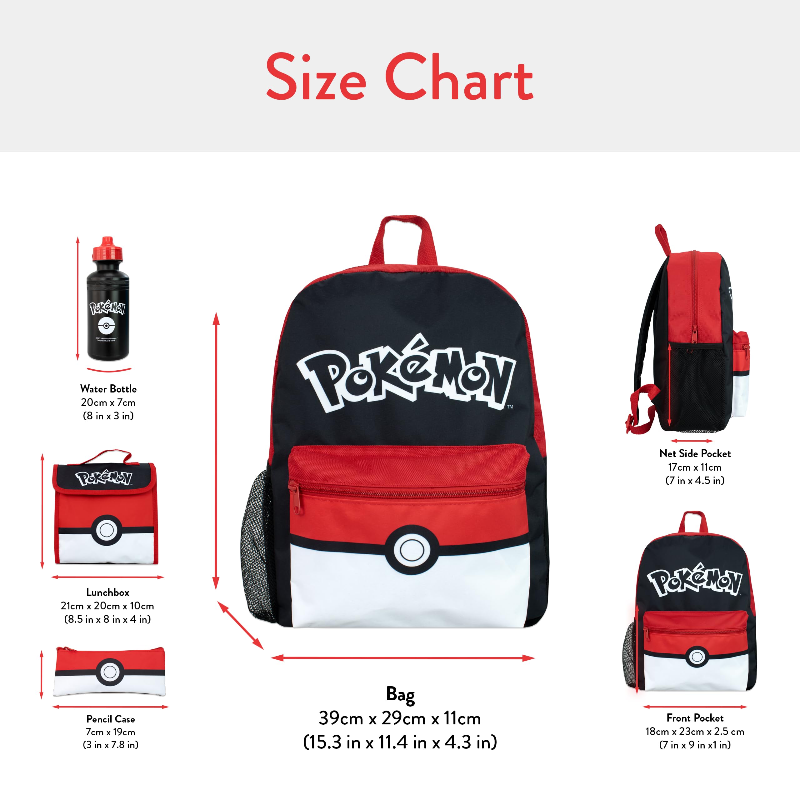 Pokemon Ensemble Sac d'école 4 pièces | Set de Sac à Dos et Sac à Lunch avec étui à Crayon et Bouteille d'eau | Sac à Dos pour Enfants | Produit Officiel