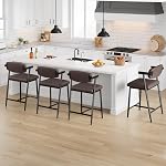 IDEALHOUSE Comfortable Modern Counter Height Bar Stools Set – Upholstered Wide Brown Leather Seat, Armrests & Back, Sturdy Metal Frame with Footrest, Easy Assembly – Ideal for Kitchen Island, Brown