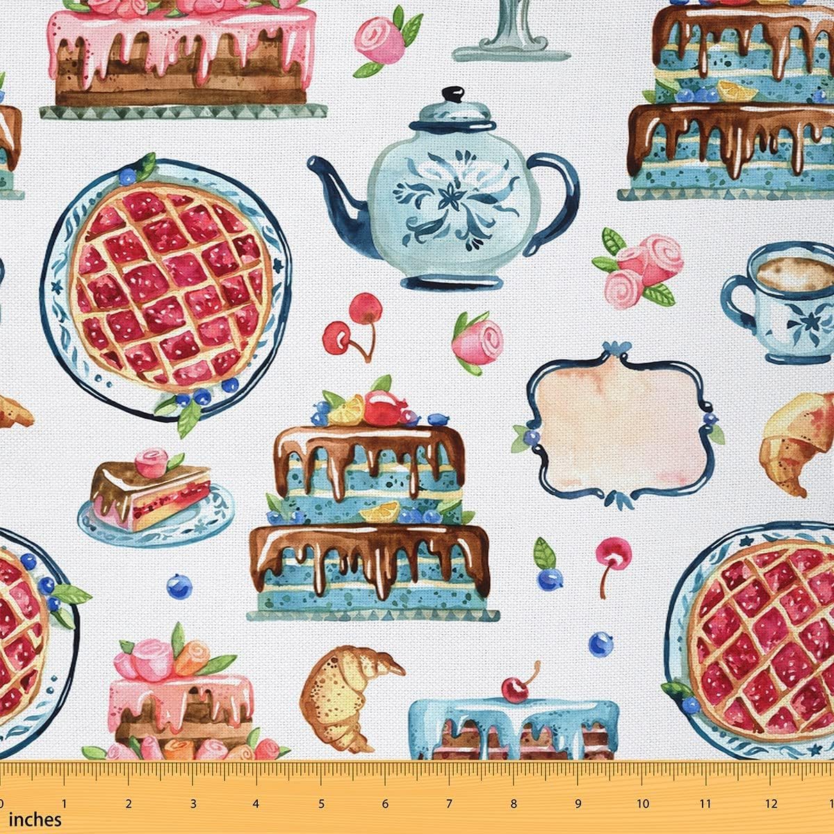 Cake Print Fabric by The Yard Cherry Blueberry Fruits Retro Rose Plant Indoor Outdoor Upholstery Fabric Hand Drawn Teapot Pattern Fabric for Quilting Sewing Arts DIY Craft,3 Yards