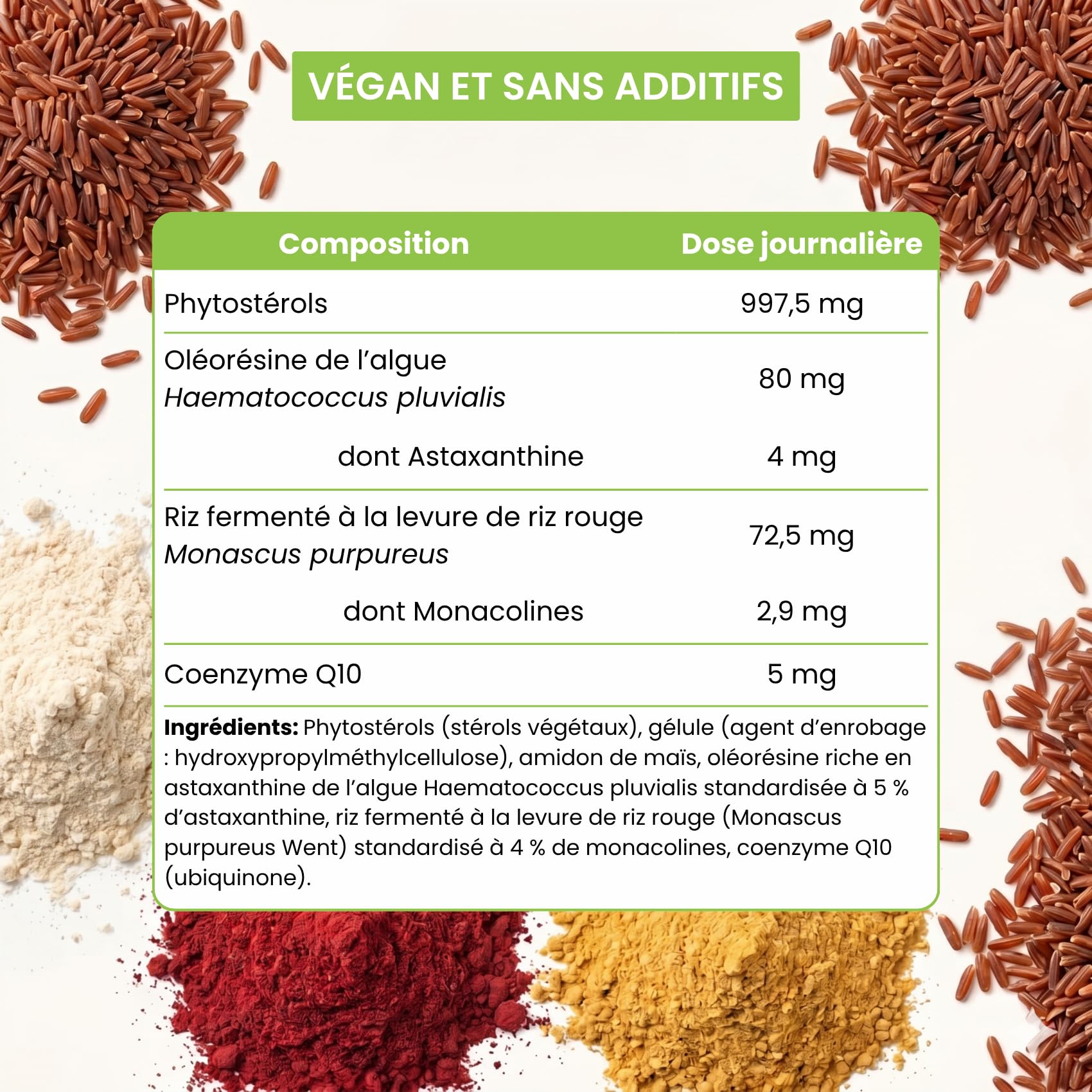 Stérols Végétaux (Phytostérols), Levure de Riz Rouge (Monacolines), Astaxanthine et Coenzyme Q10 – Cholestérol et Triglycérides – 135 gélules – Végan – Sans additifs | Protecardio Nutribiolite