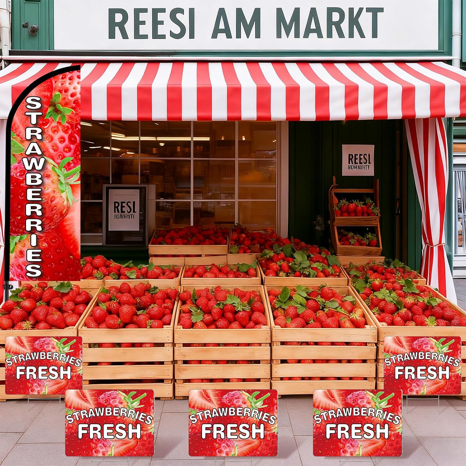 Gilprop Strawberries Banner Feather Flag Pole Kit Include 7FT Banner Flag with Poles 5 Pcs Fresh Strawberries Yard Signs 16" x 12" and 10 Ground Stakes for Business Farm Store Fruit Stand Cart Decor
