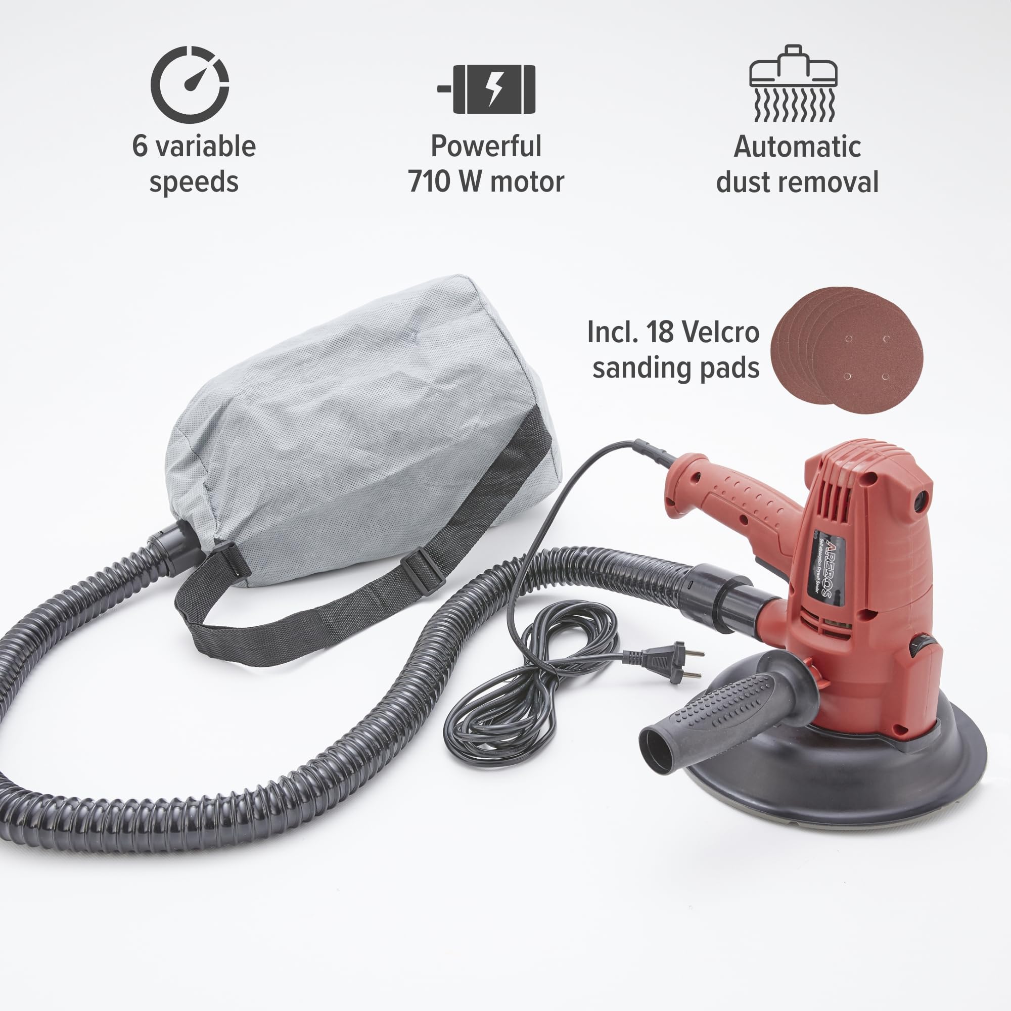 Arebos Levigatrice per Cartongesso 710 W | da Parete e Soffitto | 6 Livelli di Velocità | 1500–3000 giri/min | Incl. 18 Platorelli | Ideale per Lavori di Ristrutturazione