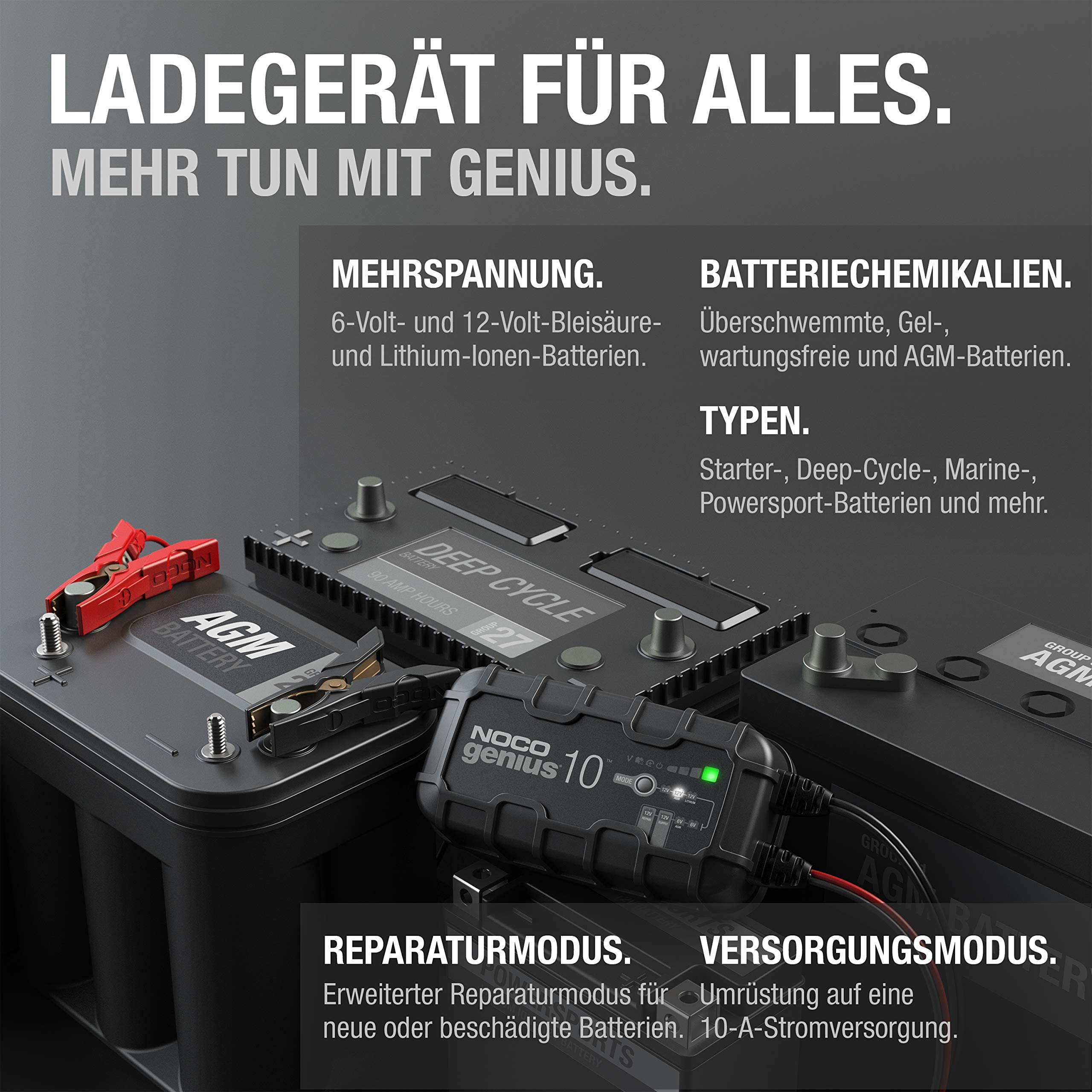 NOCO GENIUS10: 10A Batterieladegerät für Auto & Motorrad — 6V/12V Erhaltungsladegerät & Entsulfator — Für AGM, Lithium (LiFePO4) & Start-Stopp-Batterien