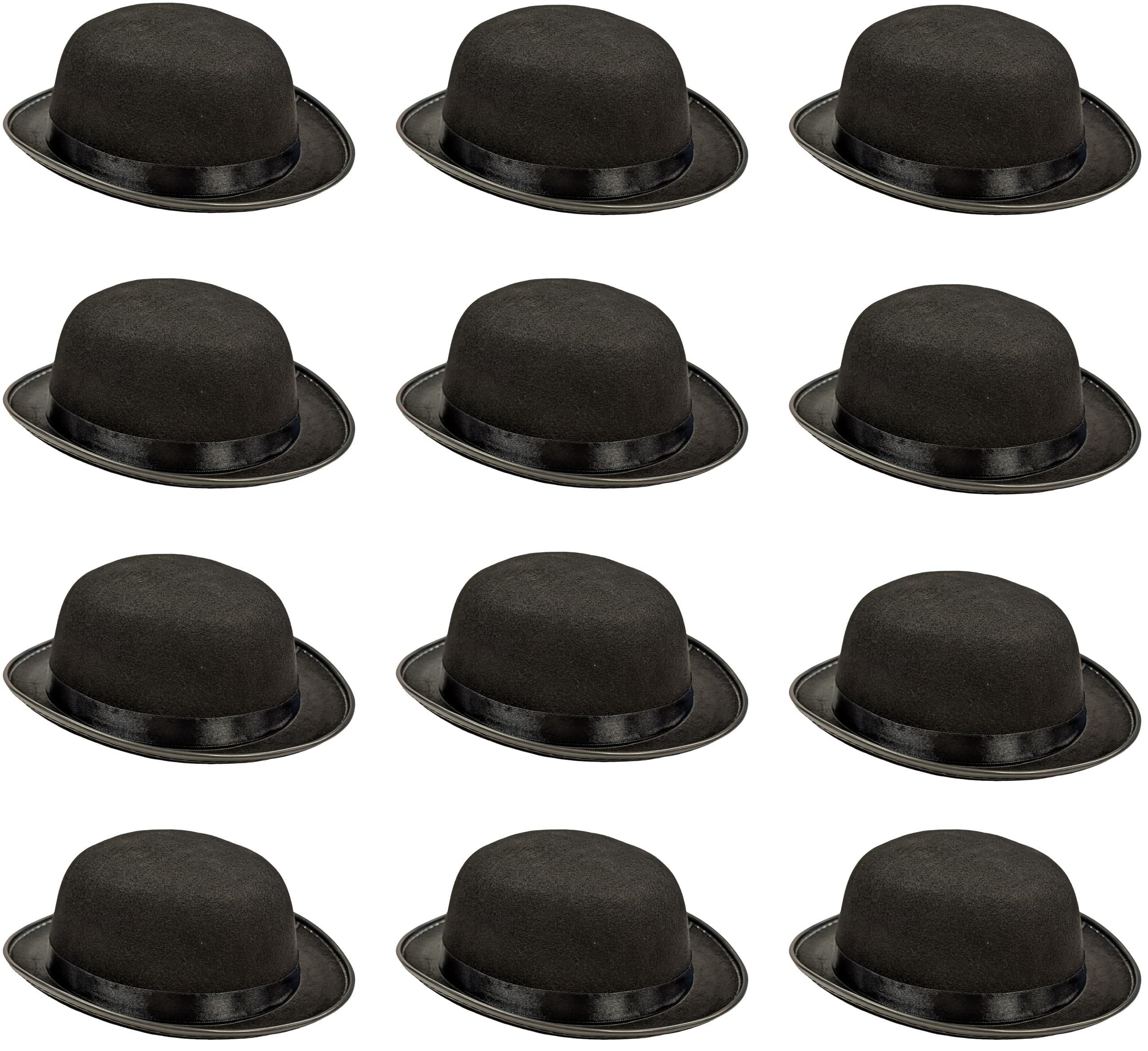 12 x Black Bowler Hats – Adults Fancy Dress Costume Accessories – Classic 1920s Hat for Men & Women – Soft Felt with Satin Band – Twenties, Dance, Victorian & Theatre Props – Unisex One Size Fits Most
