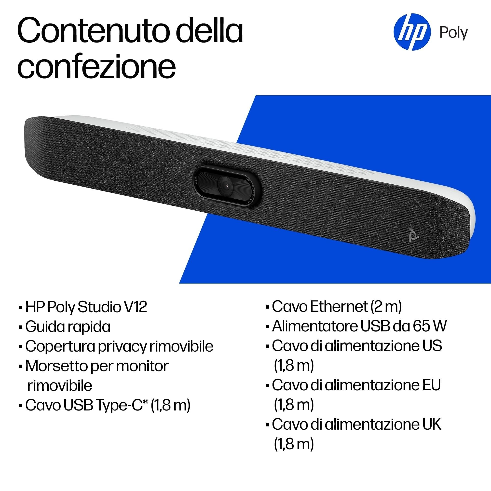 Poly Studio V12, Barra Video USB per Videoconferenze, Fotocamera 4K UltraHD da 20 MP con campo visivo di 120°, HP Poly Lens, Certificata per Zoom, Microsoft Teams, Chromebook, Nero