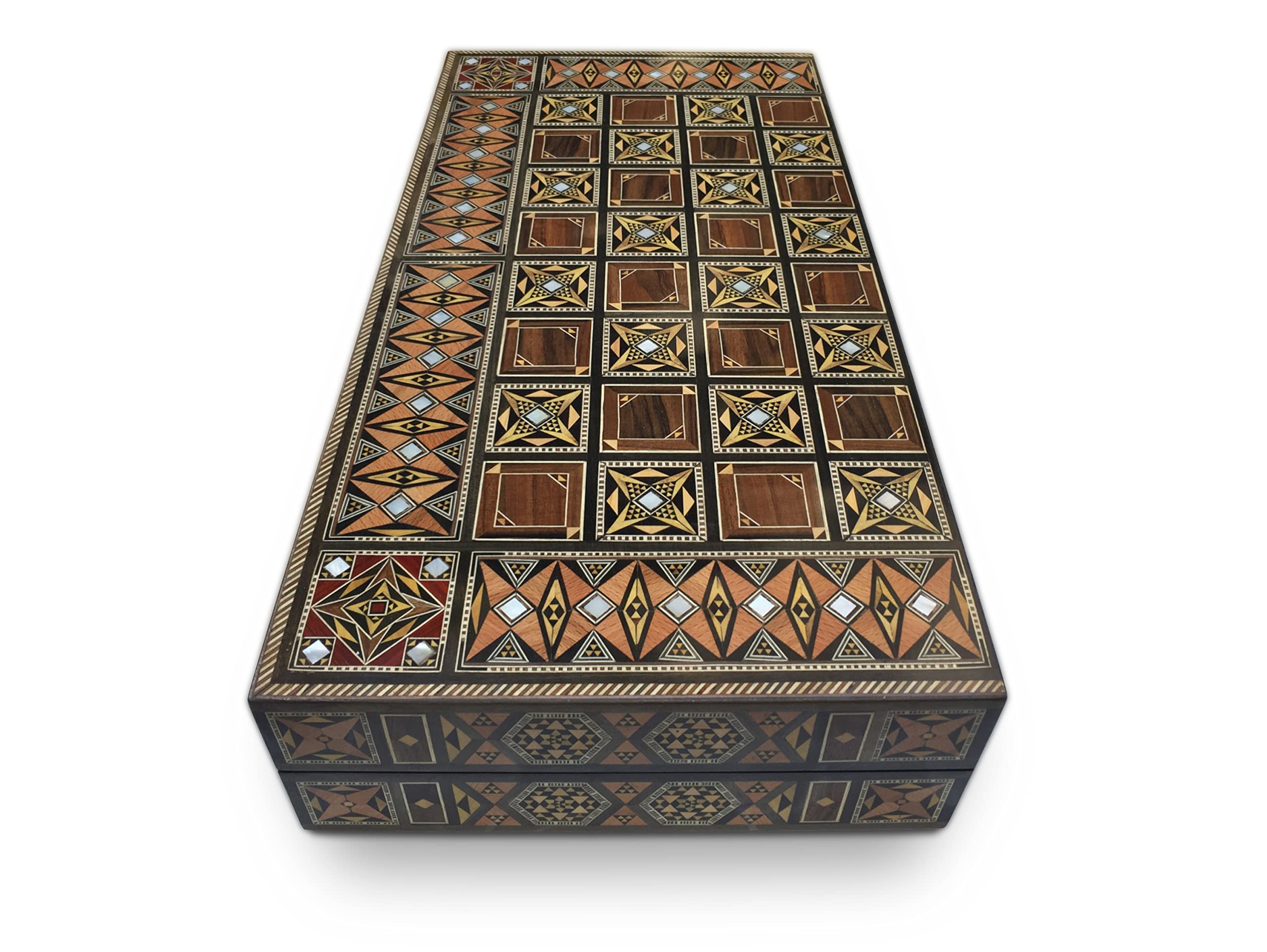 Nuovo 50 x 50 cm in legno Backgammon Tavla/Gioco di scacchi/DAMA,Tavla,Original intarsien Artigianato fatto a mano, Brett BK 50 con 30 pietre di backgammon in legno e con personaggi di scacchi da 97