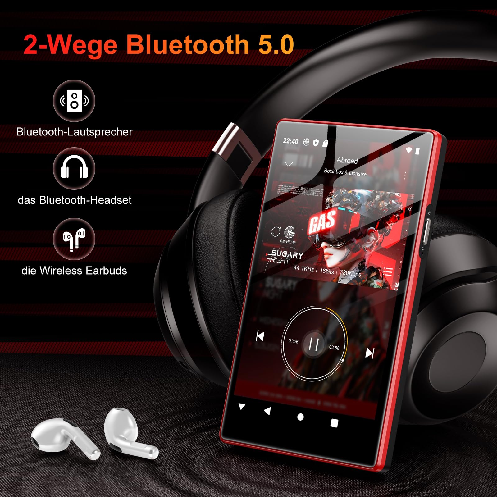 160GB MP3 Player mit Bluetooth und WiFi, Oilsky 5" HD MP4 Player mit Spotify, Audible, Amazon Music, Deezer, Musik-Player Android 13 mit Touchscreen und Lautsprecher