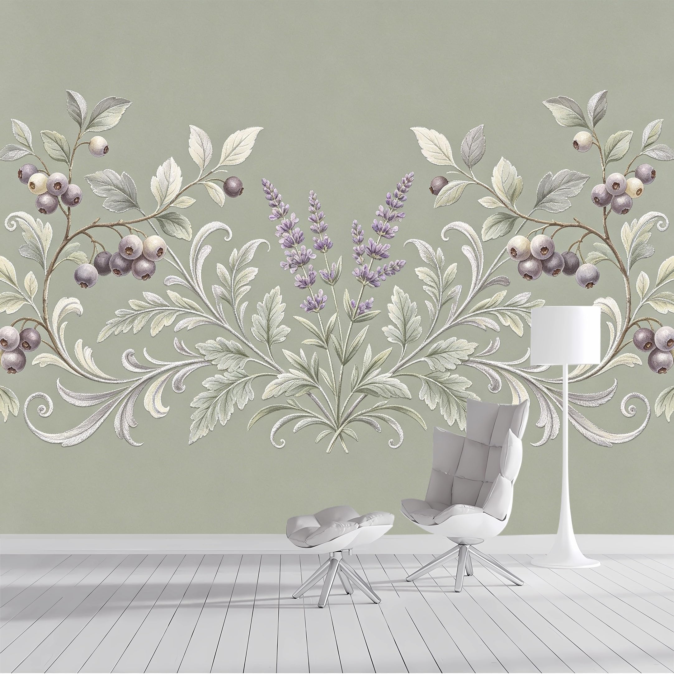 Custom Size Wall Mural Botanical Berry Lavender Floral Watercolor Vintage SelfAdhesive Wall Fabric Removable Peel and Stick Wallpaper Wall Decor for Living Room Bedroom Bathroom