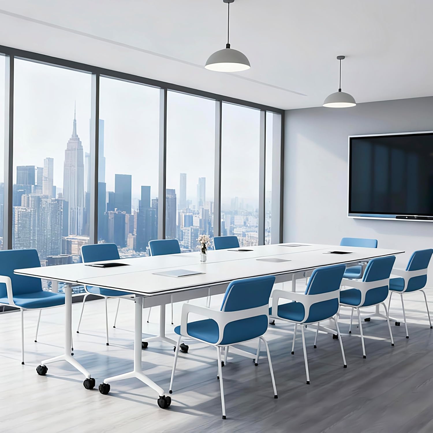 Folding Conference Table, Conference Room Tables with Wheels Foldable Large Rectangle Meeting Seminar Table for 6-12 People, Flip Top Mobile Training Table for Office Classr (4, White 2, 61in)