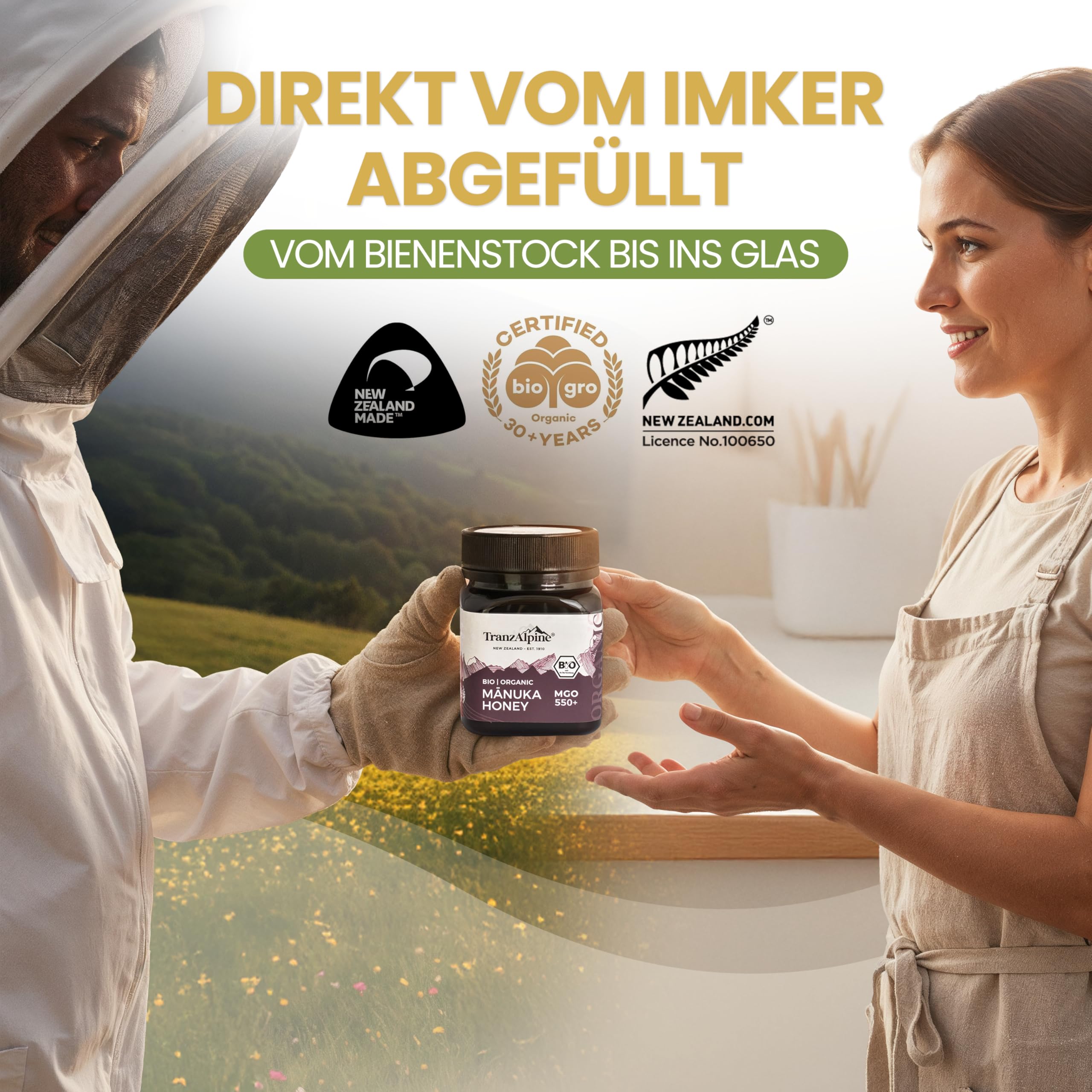 TranzAlpine Manuka Honig BIO-zertifiziert 250g - MGO 550+ | 100 % reiner Premiumhonig aus Neuseeland - Laborgeprüft & Original-Imkerabfüllung