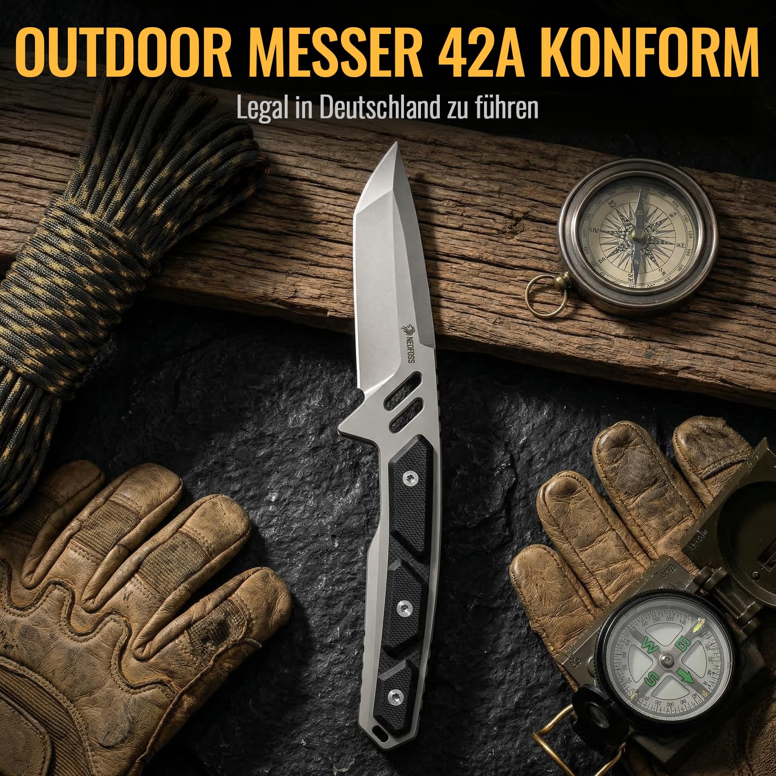 NedFoss BULWARK Jagdmesser 42a Konform, 8.5cm D2 Stahl Full Tang Survival Messer mit Verstellbarer Clip & G10 Griff, Outdoor Messer mit Kydexscheide, Legales EDC Feststehendes Messer