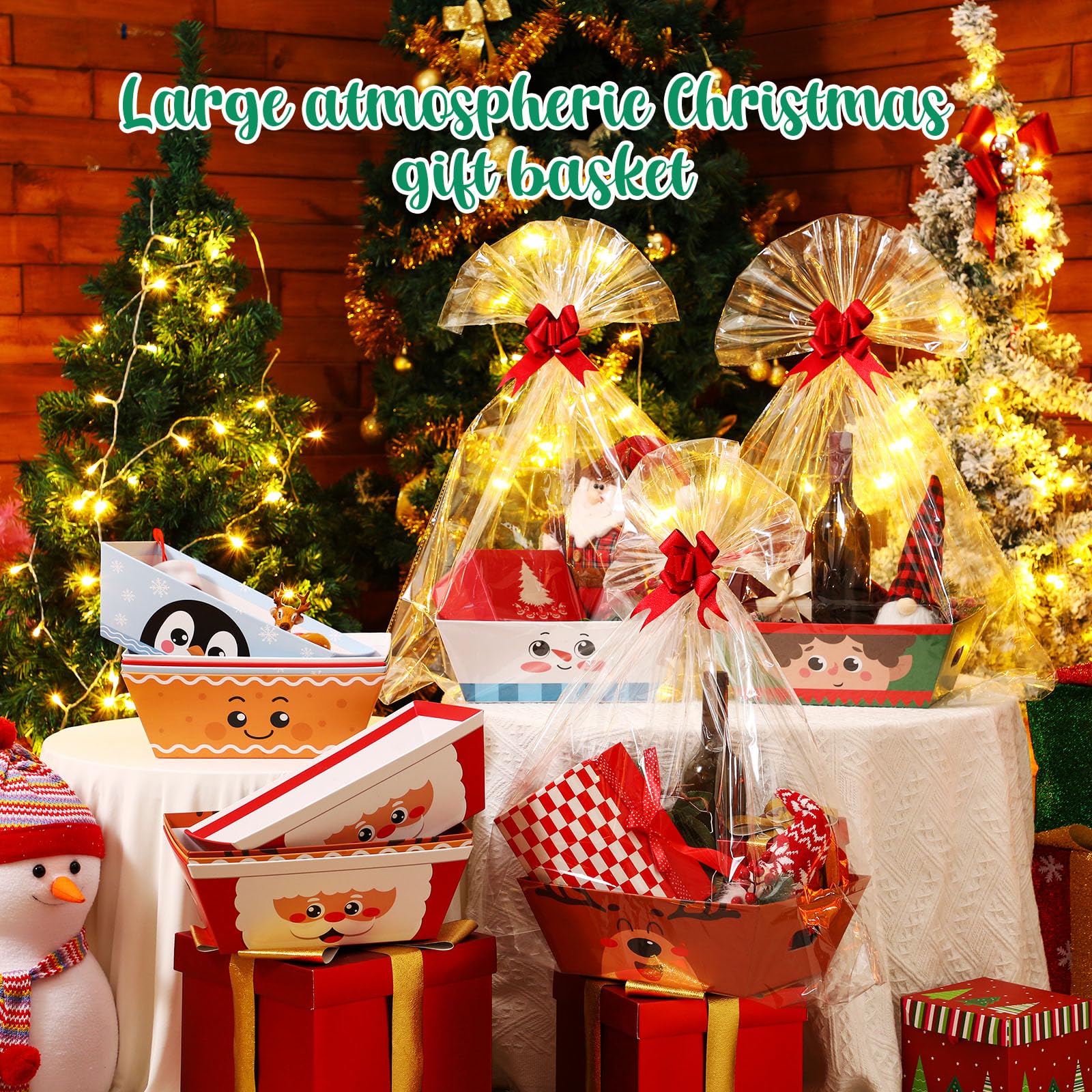 Cholemy Paquete de 12 cestas vacías de regalo de Navidad de 12 x 10 x 4 pulgadas, incluye 12 cestas de regalo de cartón con asas, 12 bolsas envolventes, 12 lazos para Navidad, bodas, aniversarios