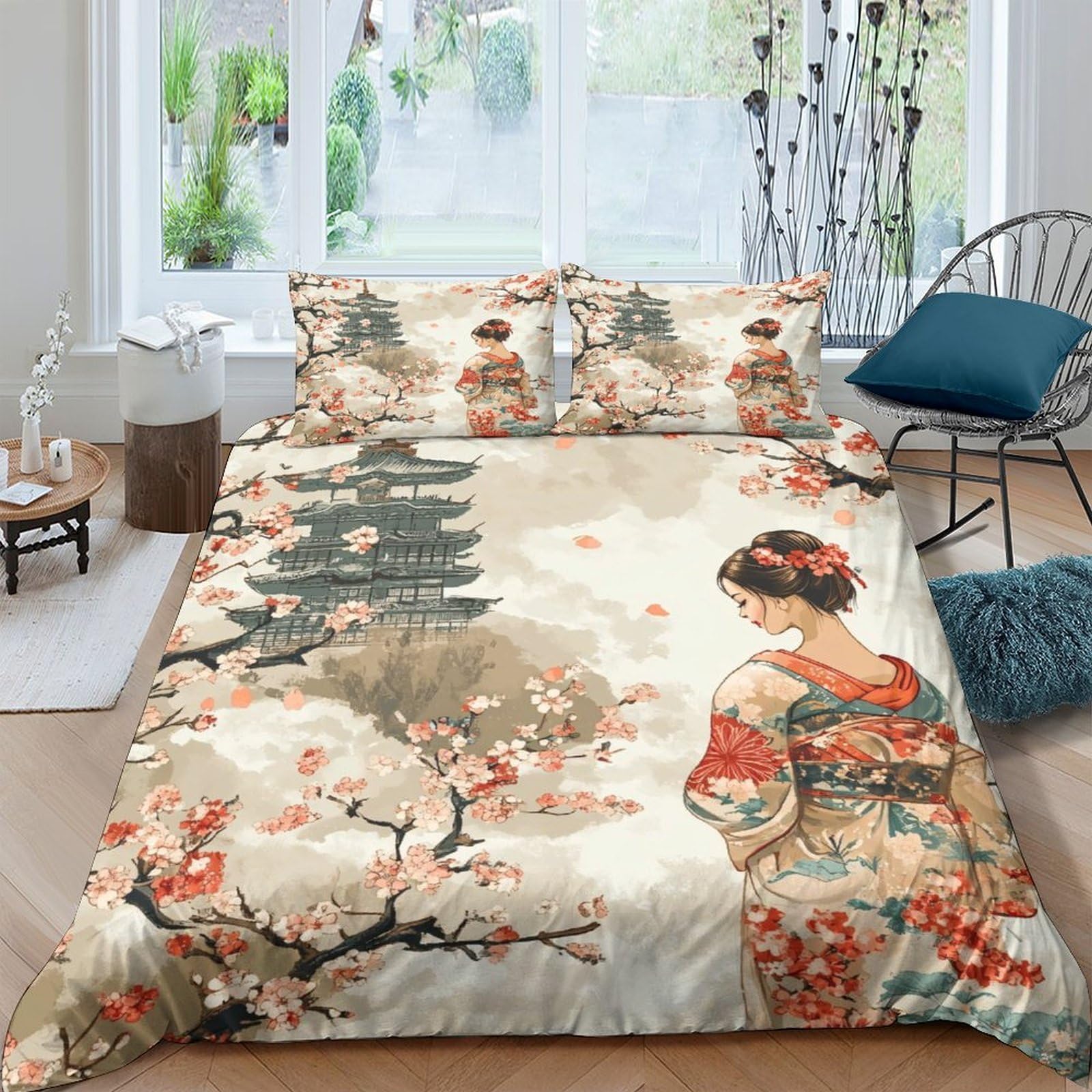 Ctjqhvkz Girls Style-4 3D Printed Japanese Kimono Fitted Sheet Microfiber Soft Cherry Blossom Bed Cover For Bedroom Decor Single（135X200cm）