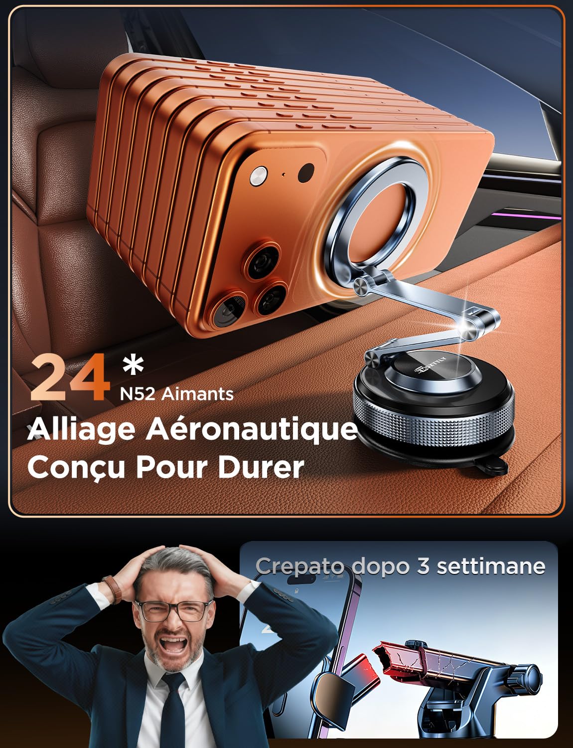 MSXTTLY Support Téléphone Voiture – Vmag S3 Adaptateur Magnets Puissants ＆ Longue en Alliage, Support Téléphone Portable pour iPhone 17 Pro Max, iPhone 16 Pro Max et Android (avec Anneau Magnétique)