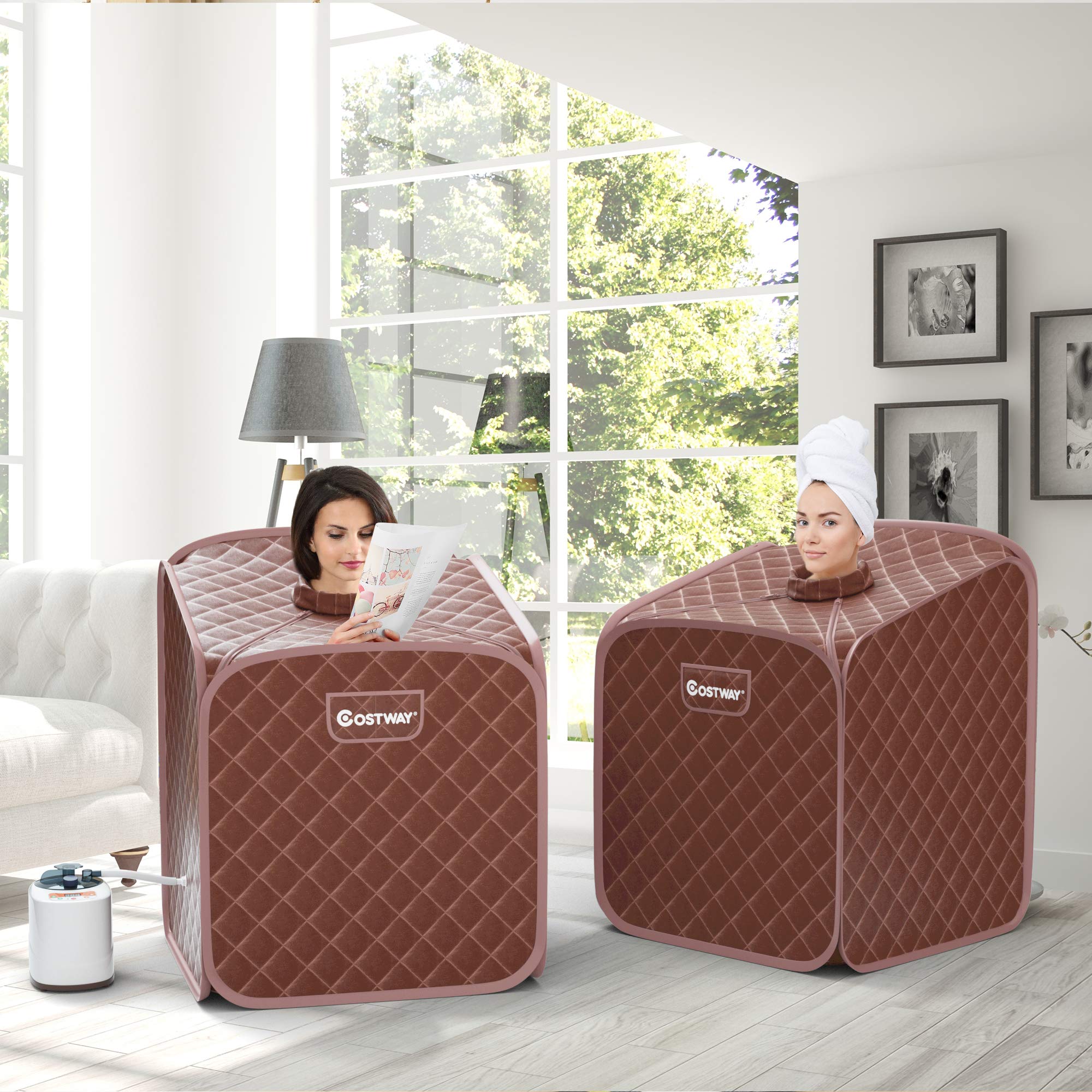 COSTWAY Cabina Sauna a Vapore, Sauna da Casa Portatile con Telecomando, 9 Livelli di Temperatura, Timer 99 Minuti e Sedia Pieghevole, Spa Personale per Casa (Caffè)