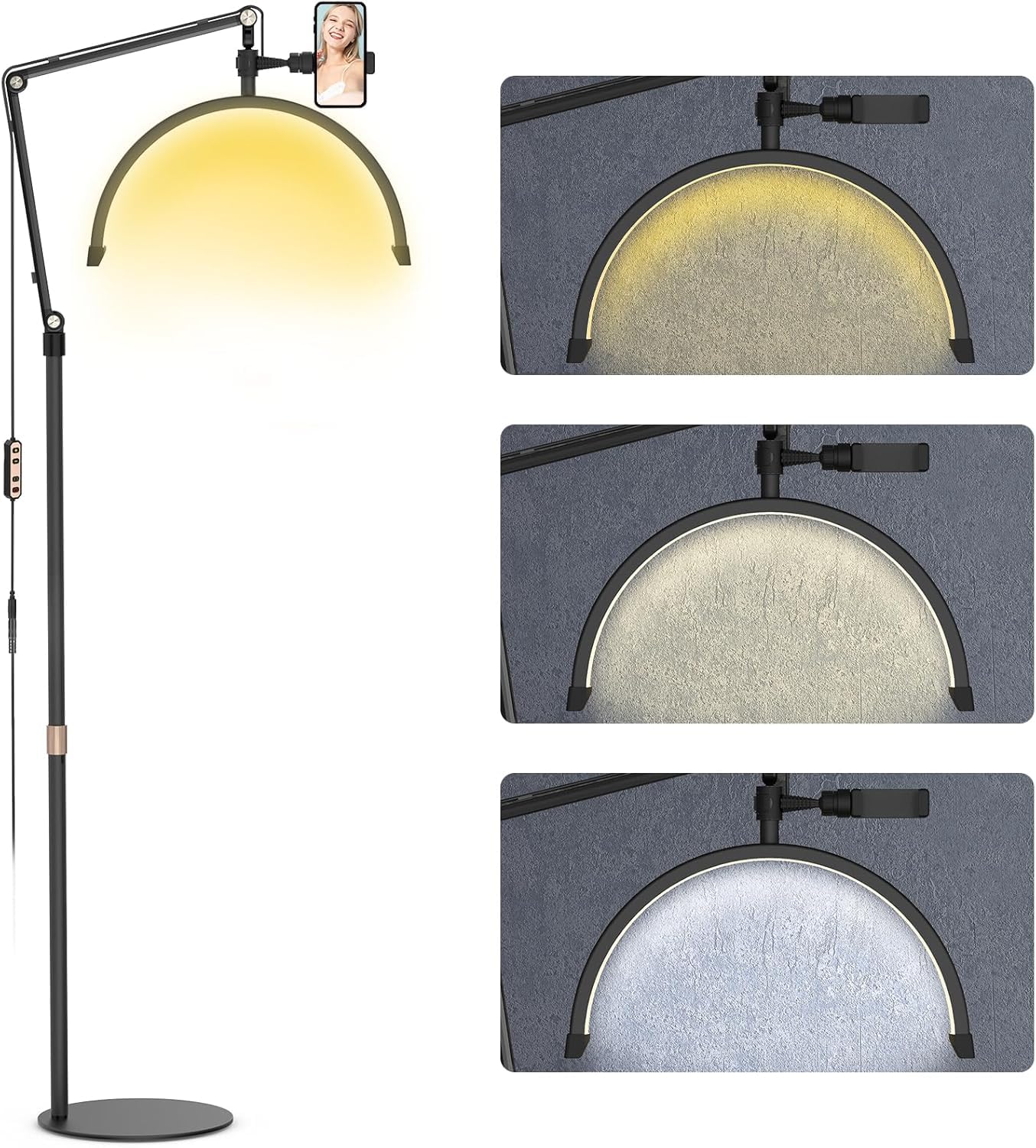 Half Moon Floor Lash Light for Eyelash Extensions Desk Lamp Esthetician Light for Tattoo Artists, Nail Tech, Floor Standing Eyelash Lamp with Phone Holder 3000-6000K 10 Brightness Adjustable (Black)