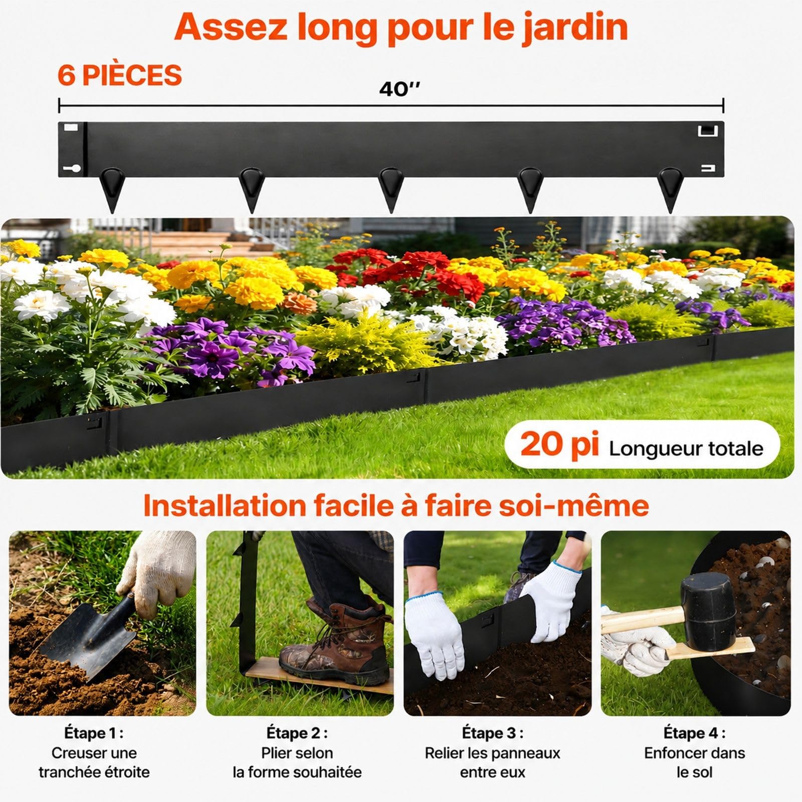 Bordure de Jardin en Acier galvanisé Lot de 6 pour pelouse massifs allées et Cour